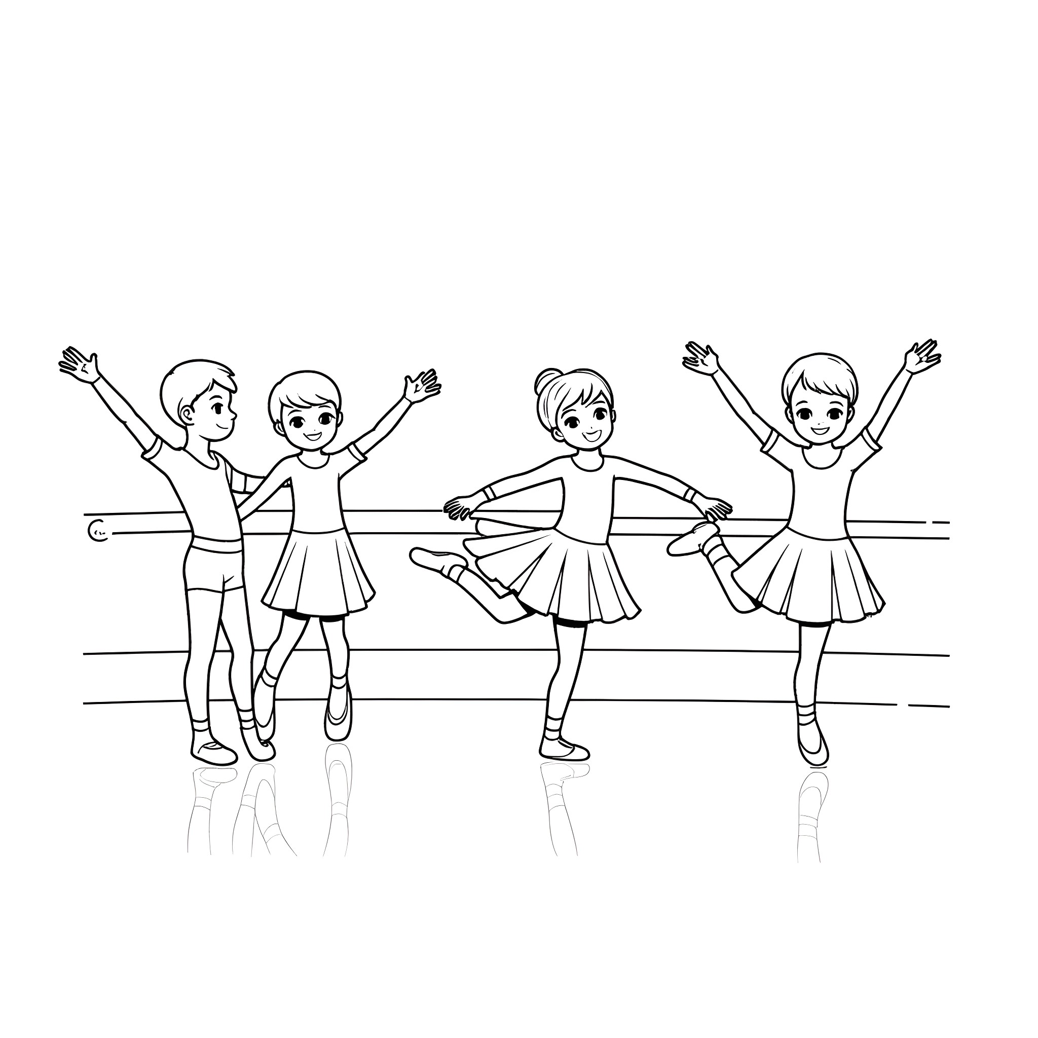 Boy and Girls Perform Dance Moves on Stage Coloring Page (free black-and-white line drawing printable PDF for all, from beginners to advanced learners, including children, teens, adults, and seniors)