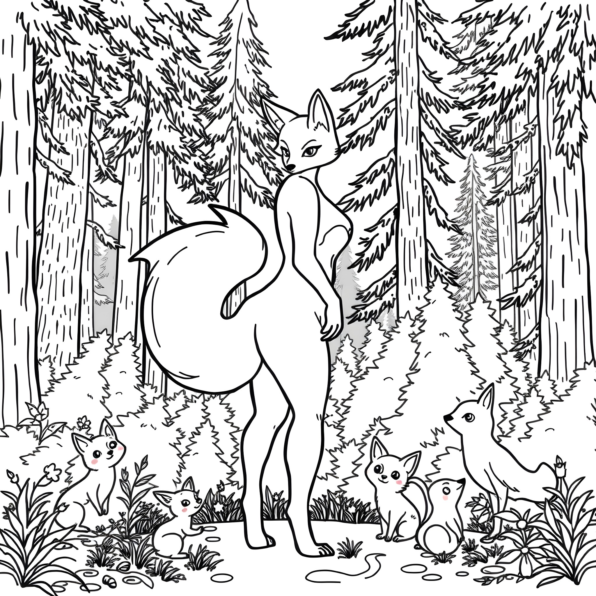 Fox exploring the mysterious forest with woodland creatures Coloring Page (free black-and-white line drawing printable PDF for all, from beginners to advanced learners, including children, teens, adults, and seniors)