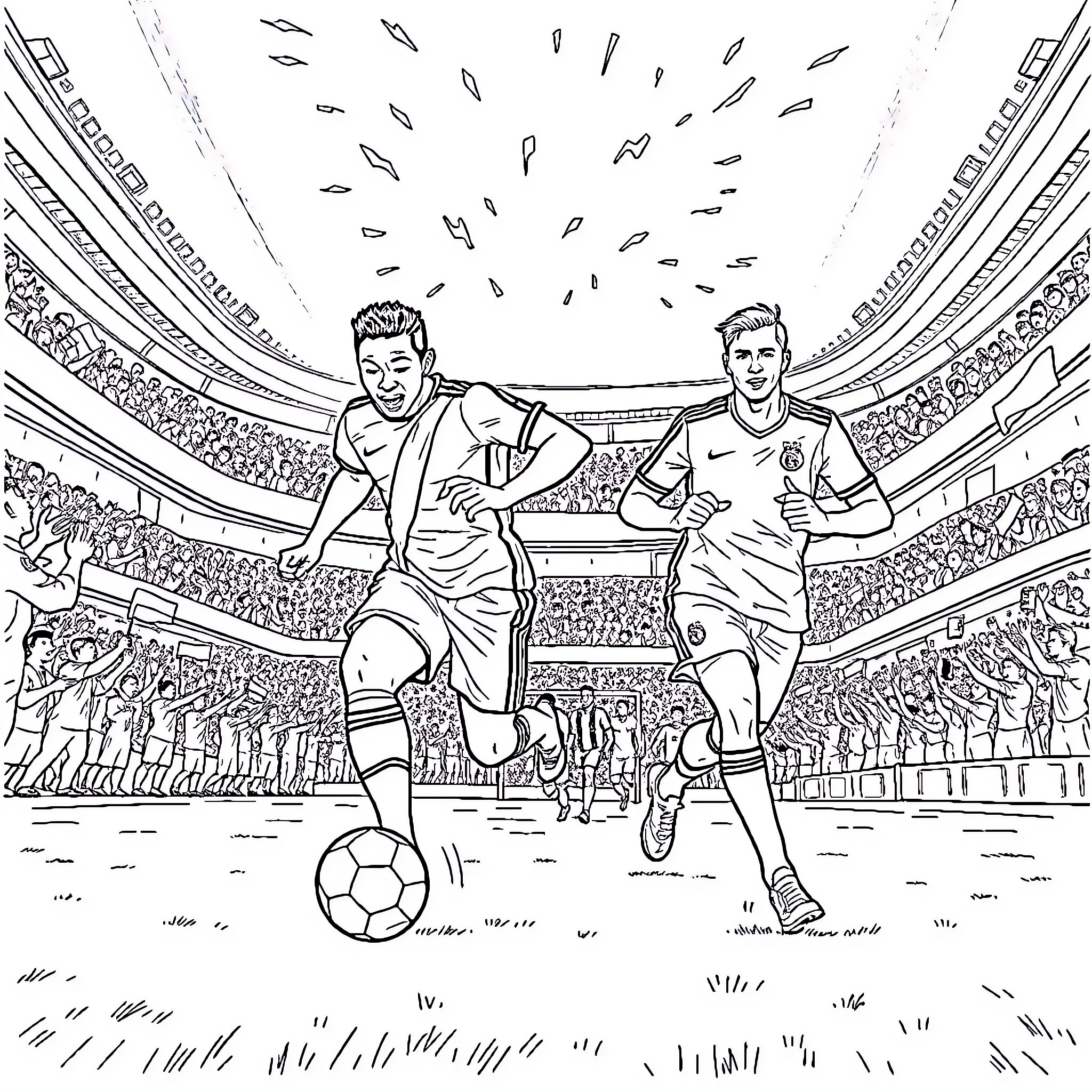 Soccer players in action on the field Coloring Page (free black-and-white line drawing printable PDF for all, from beginners to advanced learners, including children, teens, adults, and seniors)