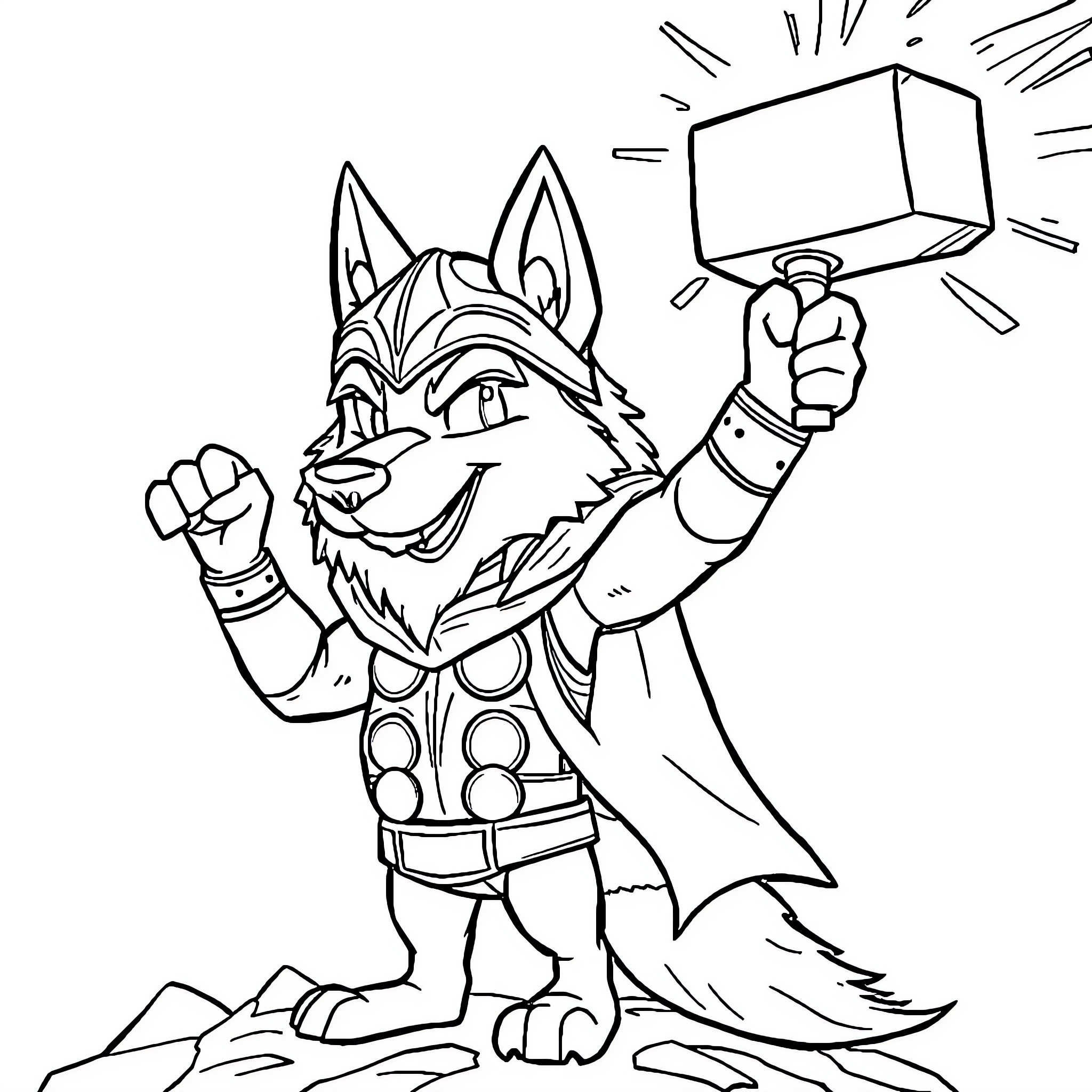Wolf Superhero Wielding a Weapon Coloring Page (free black-and-white line drawing printable PDF for all, from beginners to advanced learners, including children, teens, adults, and seniors)