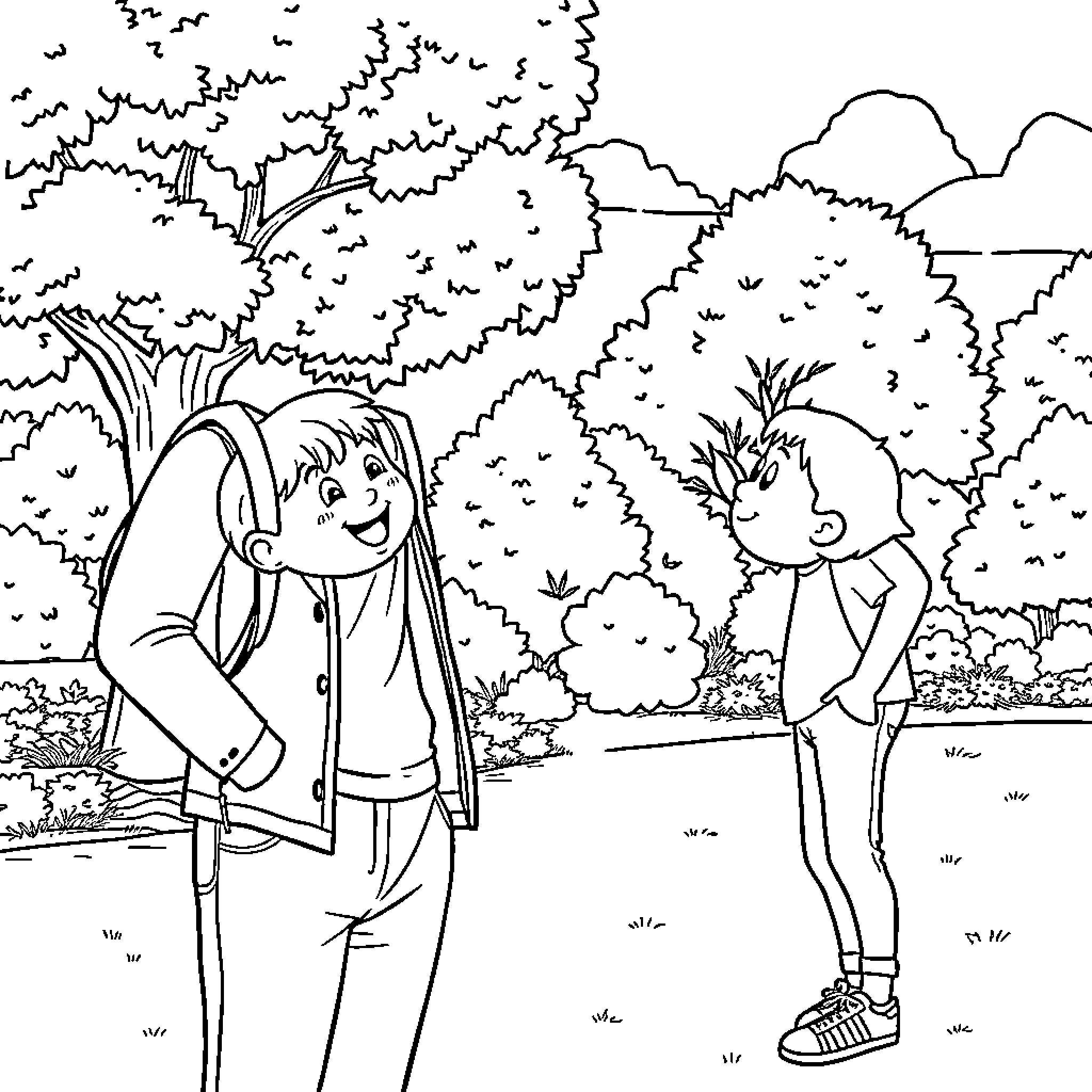 Kids playing happily in nature Coloring Page (free black-and-white line drawing printable PDF for all, from beginners to advanced learners, including children, teens, adults, and seniors)