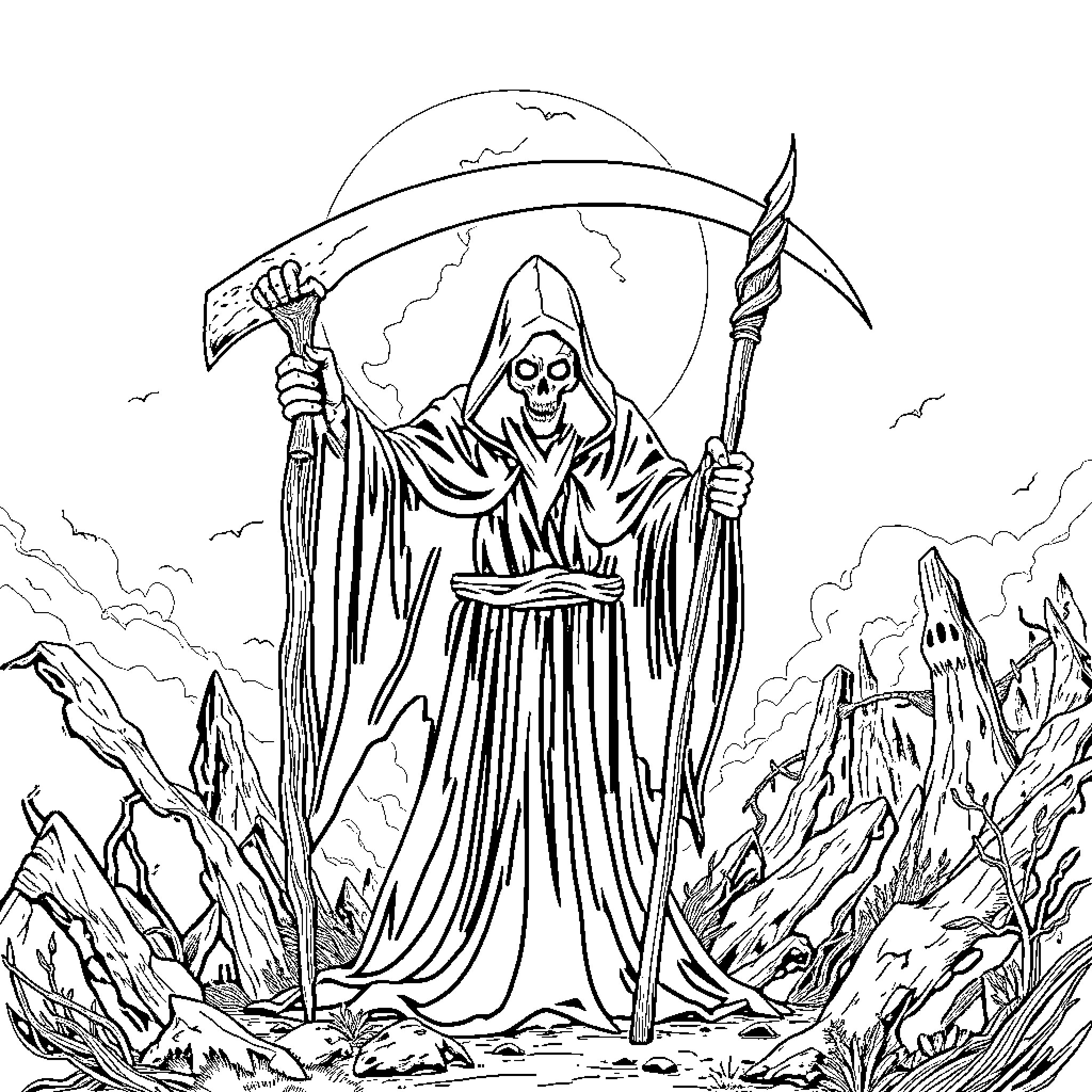 Grim Reaper Wielding Scythe in Desolate Landscape Coloring Page (free black-and-white line drawing printable PDF for all, from beginners to advanced learners, including children, teens, adults, and seniors)