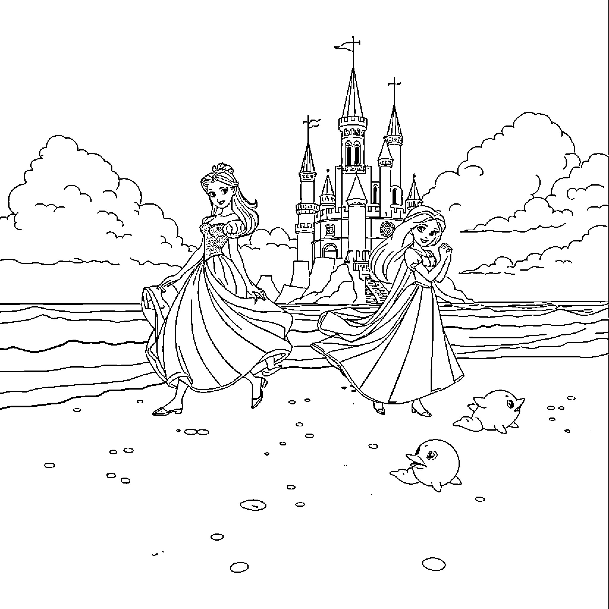 Disney Princess walking gracefully on a beach near a castle Coloring Page (free black-and-white line drawing printable PDF for all, from beginners to advanced learners, including children, teens, adults, and seniors)
