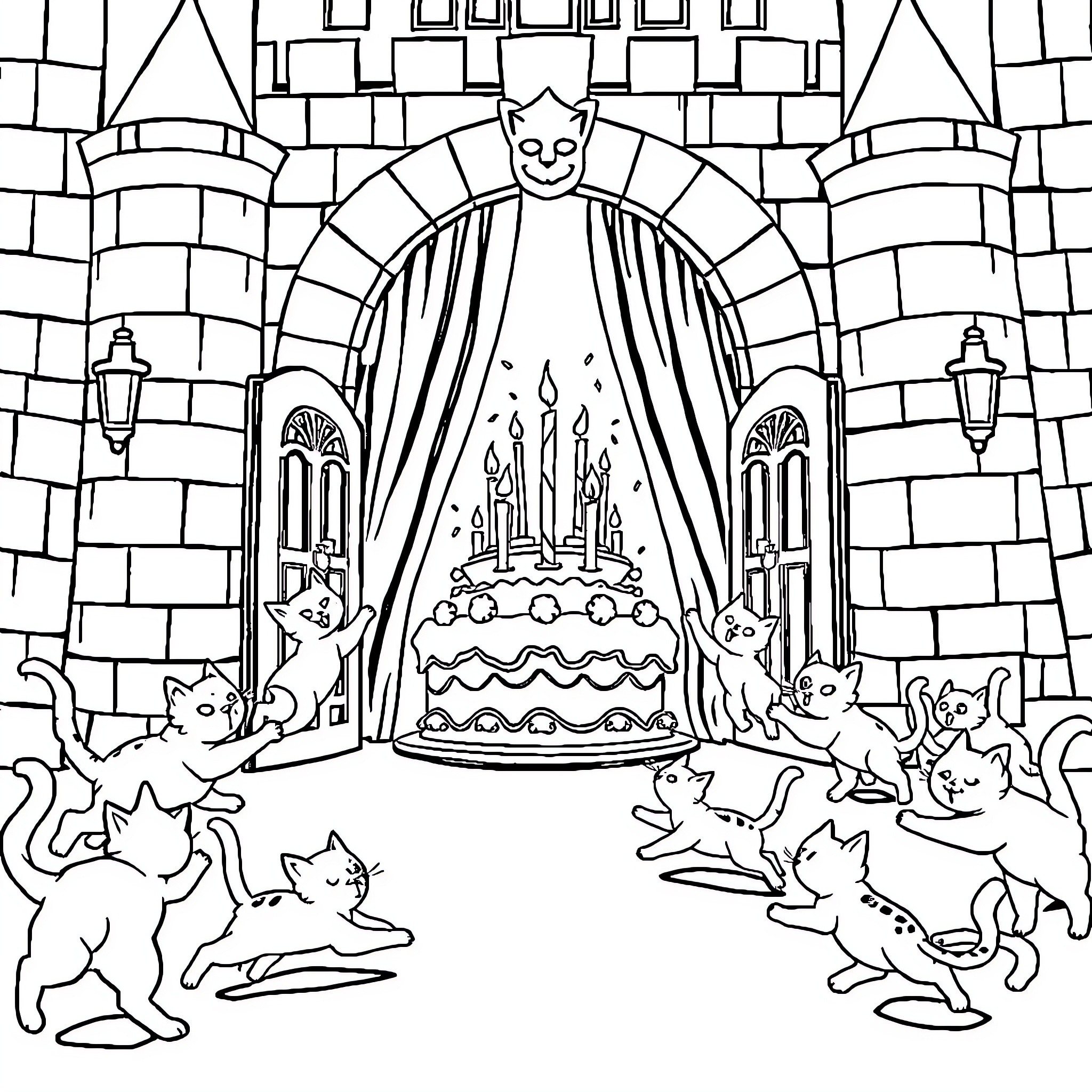 Cats celebrate in a castle Coloring Page (free black-and-white line drawing printable PDF for all, from beginners to advanced learners, including children, teens, adults, and seniors)