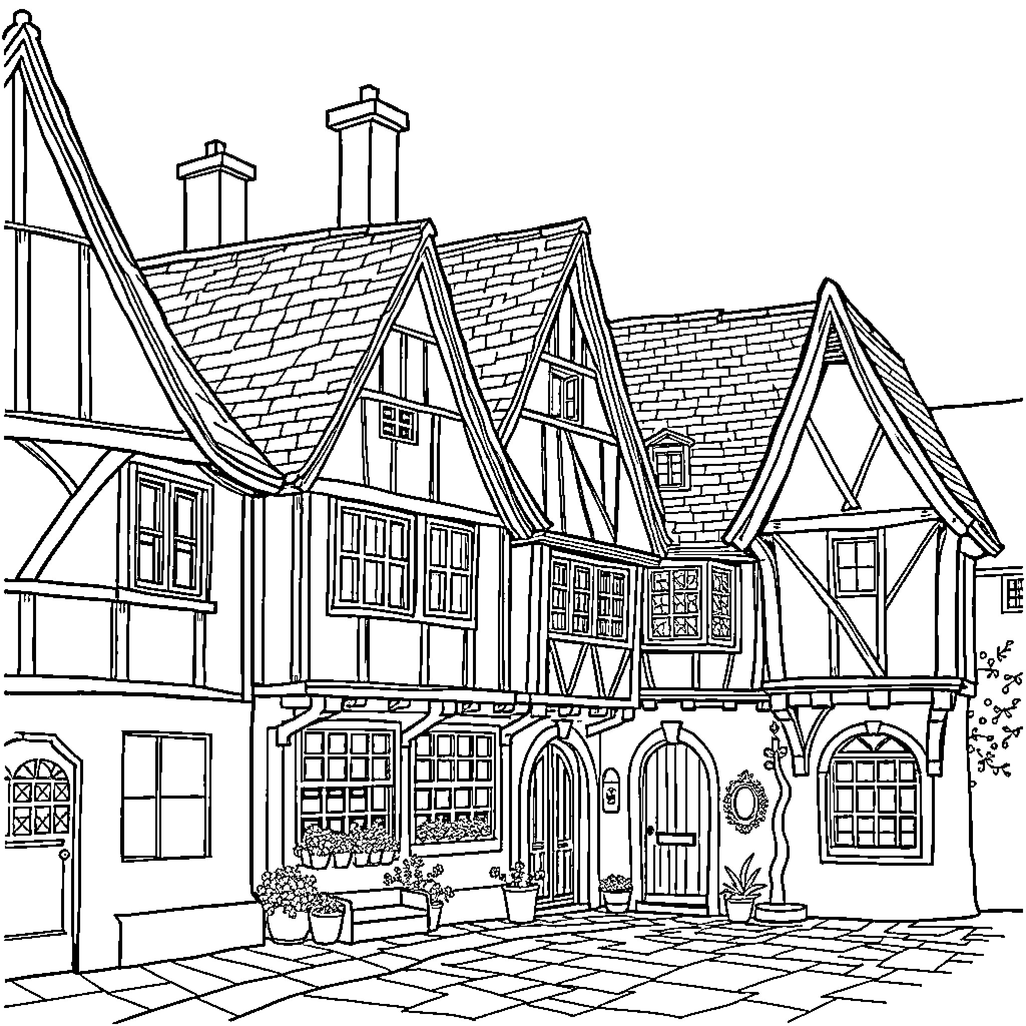 Building with intricate architectural details and facade Coloring Page (free black-and-white line drawing printable PDF for all, from beginners to advanced learners, including children, teens, adults, and seniors)