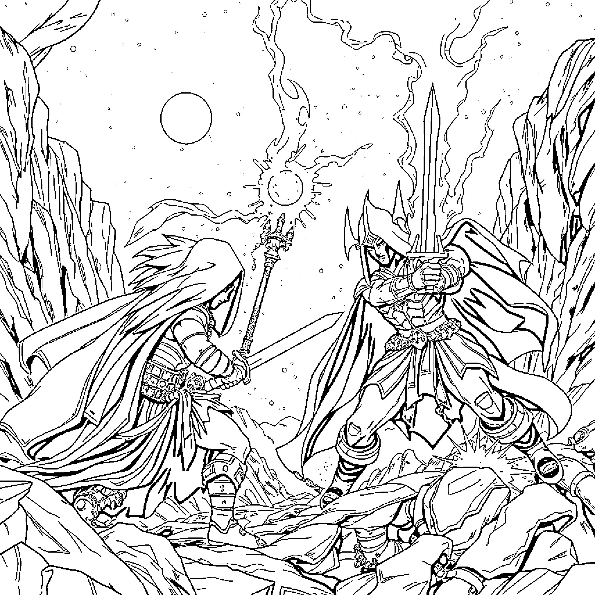 Master of the Universe battles fierce demons in an ethereal realm Coloring Page (free black-and-white line drawing printable PDF for all, from beginners to advanced learners, including children, teens, adults, and seniors)