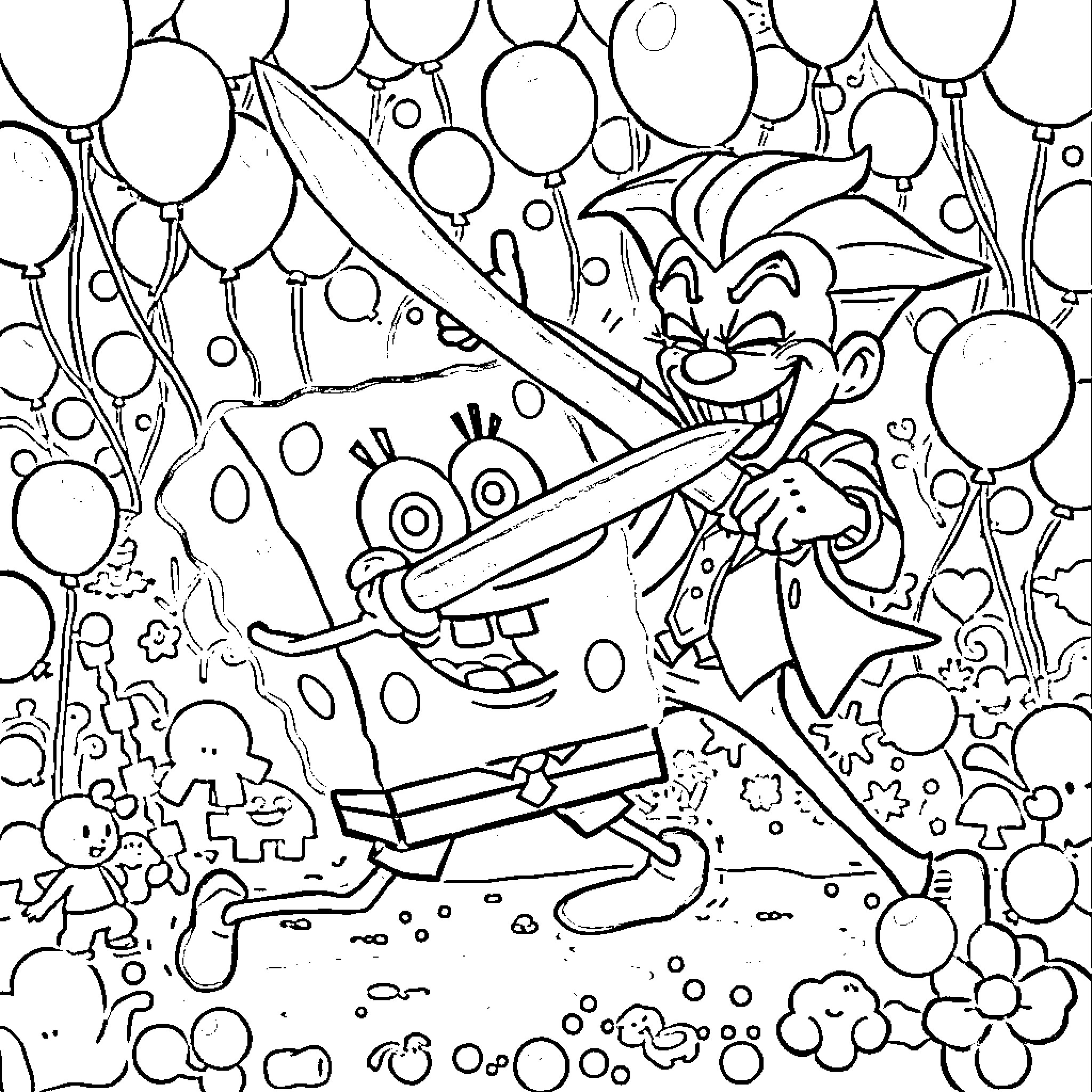 Spongebob celebrating with balloons and party items Coloring Page (free black-and-white line drawing printable PDF for all, from beginners to advanced learners, including children, teens, adults, and seniors)