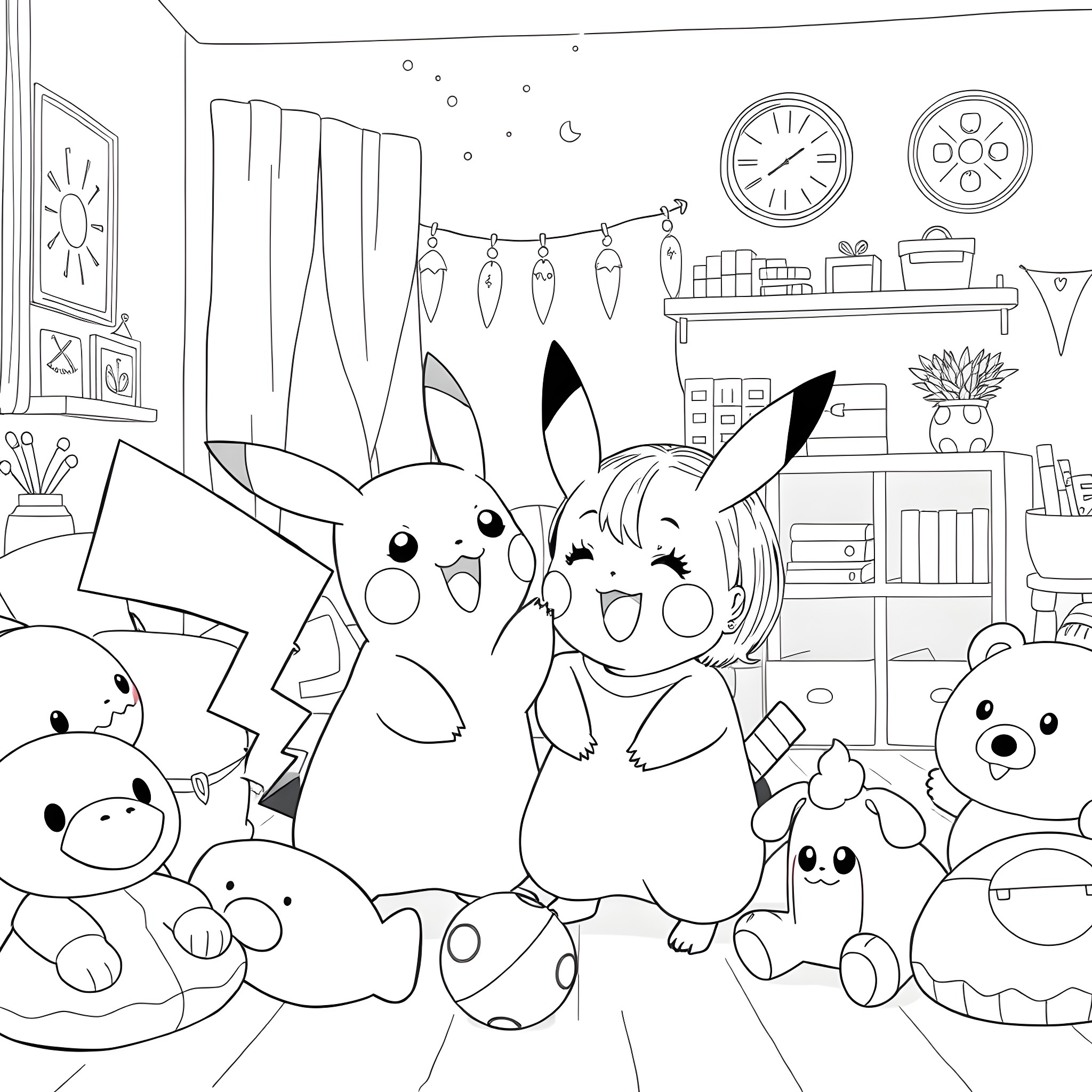 Pikachu and friends in a cozy room Coloring Page (free black-and-white line drawing printable PDF for all, from beginners to advanced learners, including children, teens, adults, and seniors)