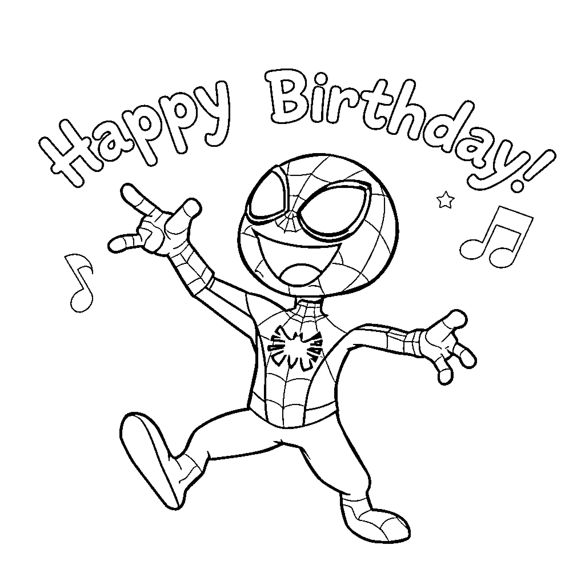 Spider-Man celebrates happy birthday with dance and music Coloring Page (free black-and-white line drawing printable PDF for all, from beginners to advanced learners, including children, teens, adults, and seniors)