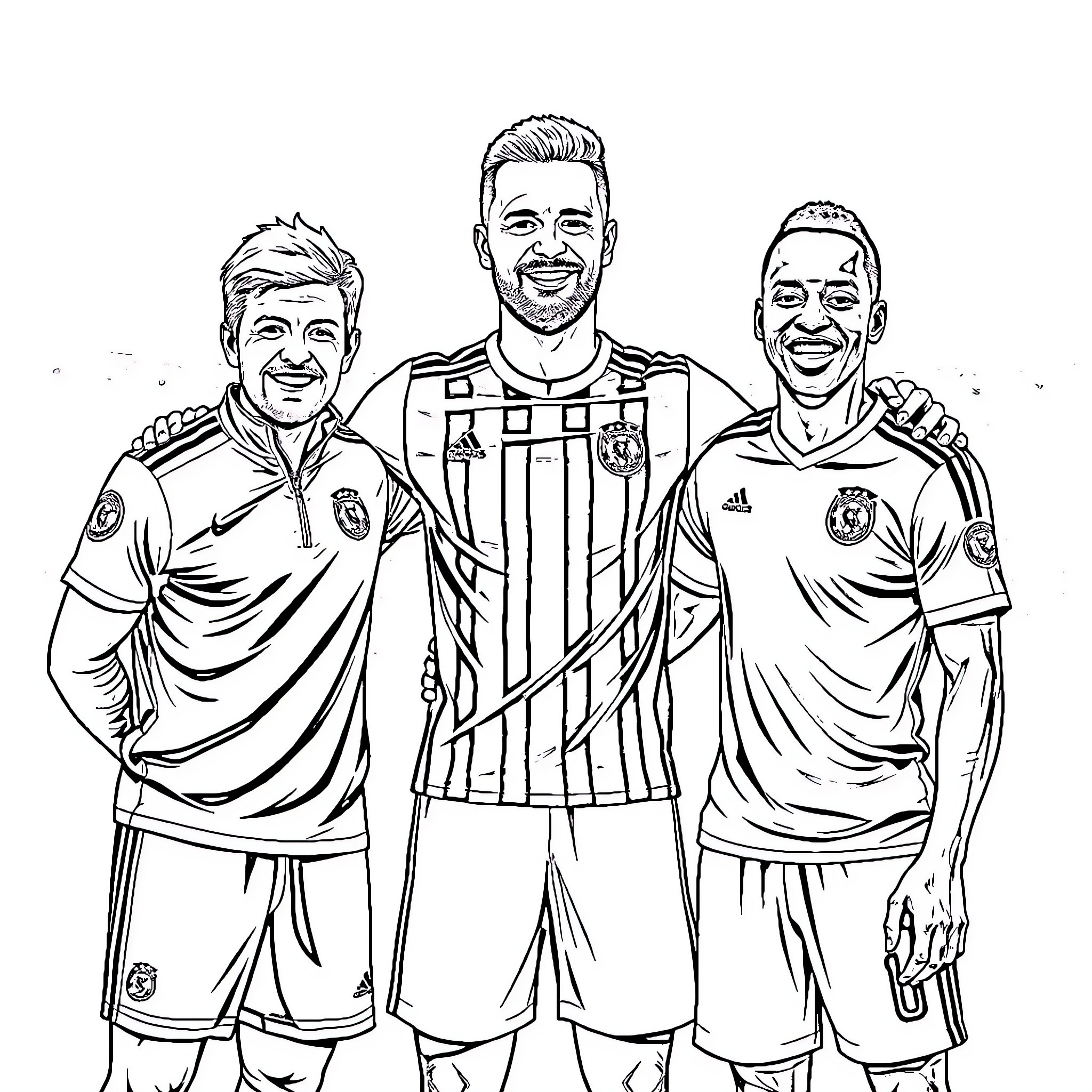 Football Players in Action Posing Together Coloring Page (free black-and-white line drawing printable PDF for all, from beginners to advanced learners, including children, teens, adults, and seniors)