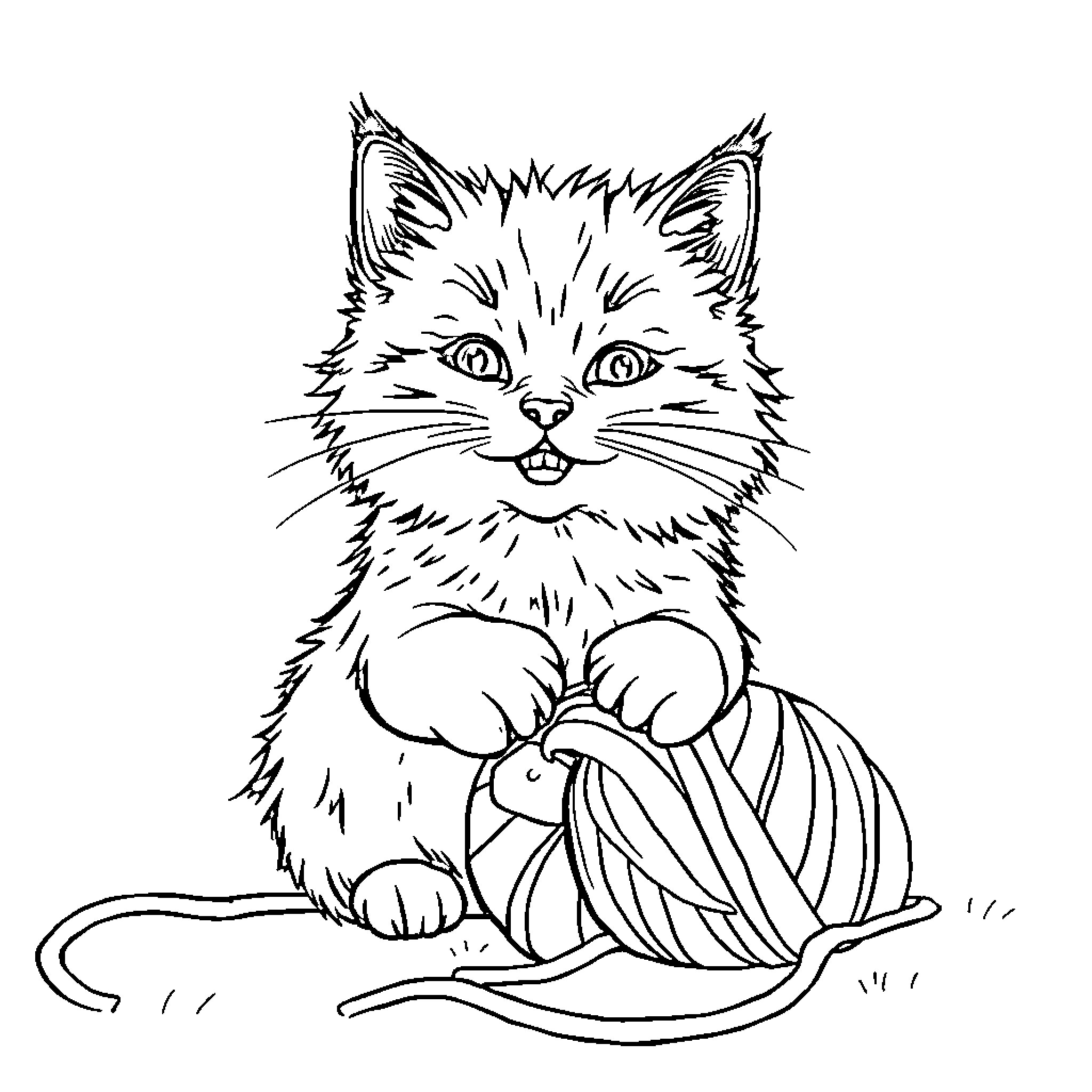 Cat playing with yarn ball Coloring Page (free black-and-white line drawing printable PDF for all, from beginners to advanced learners, including children, teens, adults, and seniors)