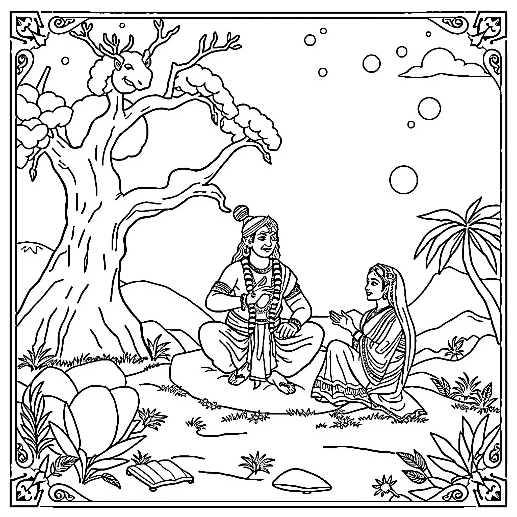 Ramayana: Lord Rama and Sita in the Wilderness Coloring Page (free black-and-white line drawing printable PDF for all, from beginners to advanced learners, including children, teens, adults, and seniors)
