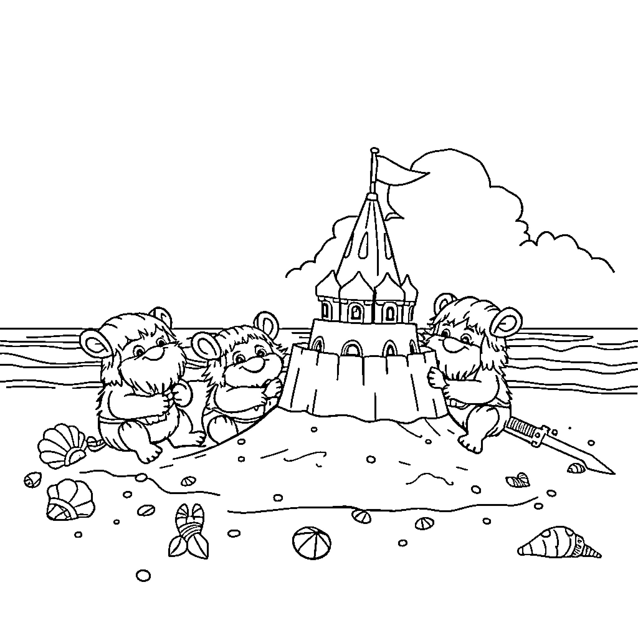 Ewok Building a Sandcastle on the Beach Coloring Page (free black-and-white line drawing printable PDF for all, from beginners to advanced learners, including children, teens, adults, and seniors)