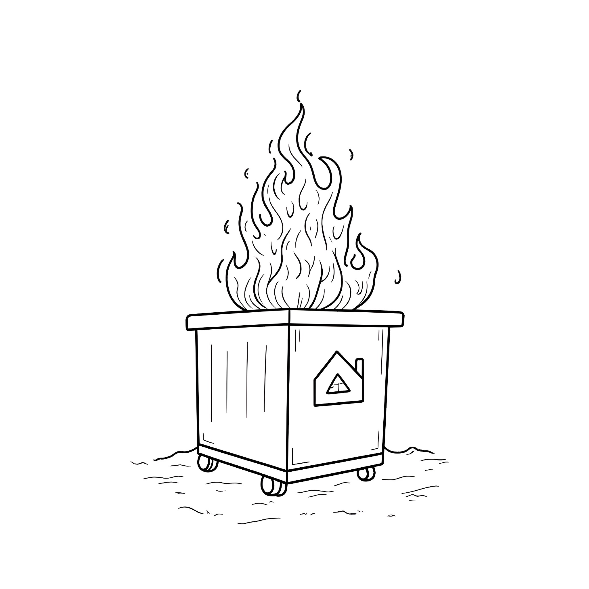 Dumpster on fire in the street Coloring Page (free black-and-white line drawing printable PDF for all, from beginners to advanced learners, including children, teens, adults, and seniors)