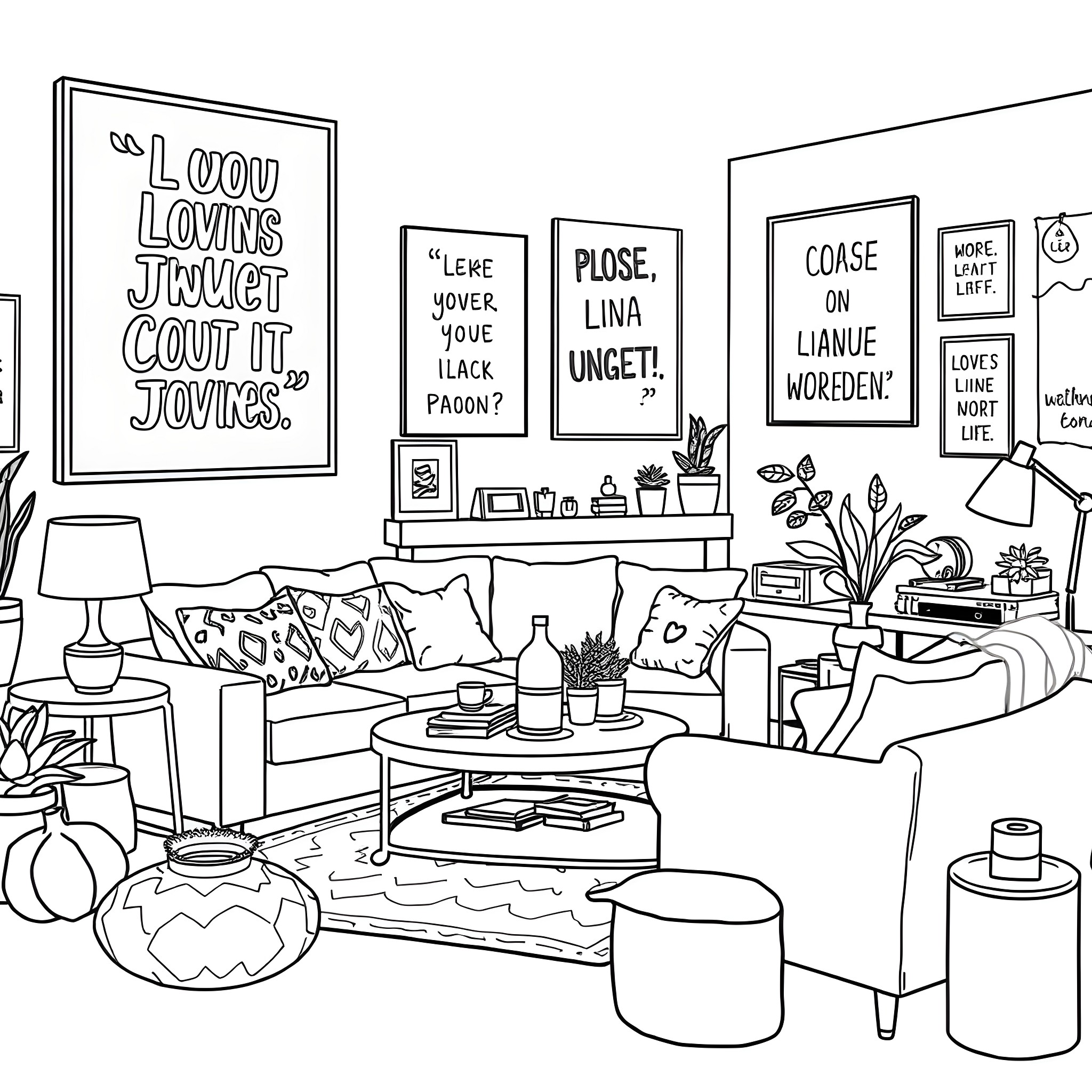 Word Art in Cozy Living Room Coloring Page (free black-and-white line drawing printable PDF for all, from beginners to advanced learners, including children, teens, adults, and seniors)