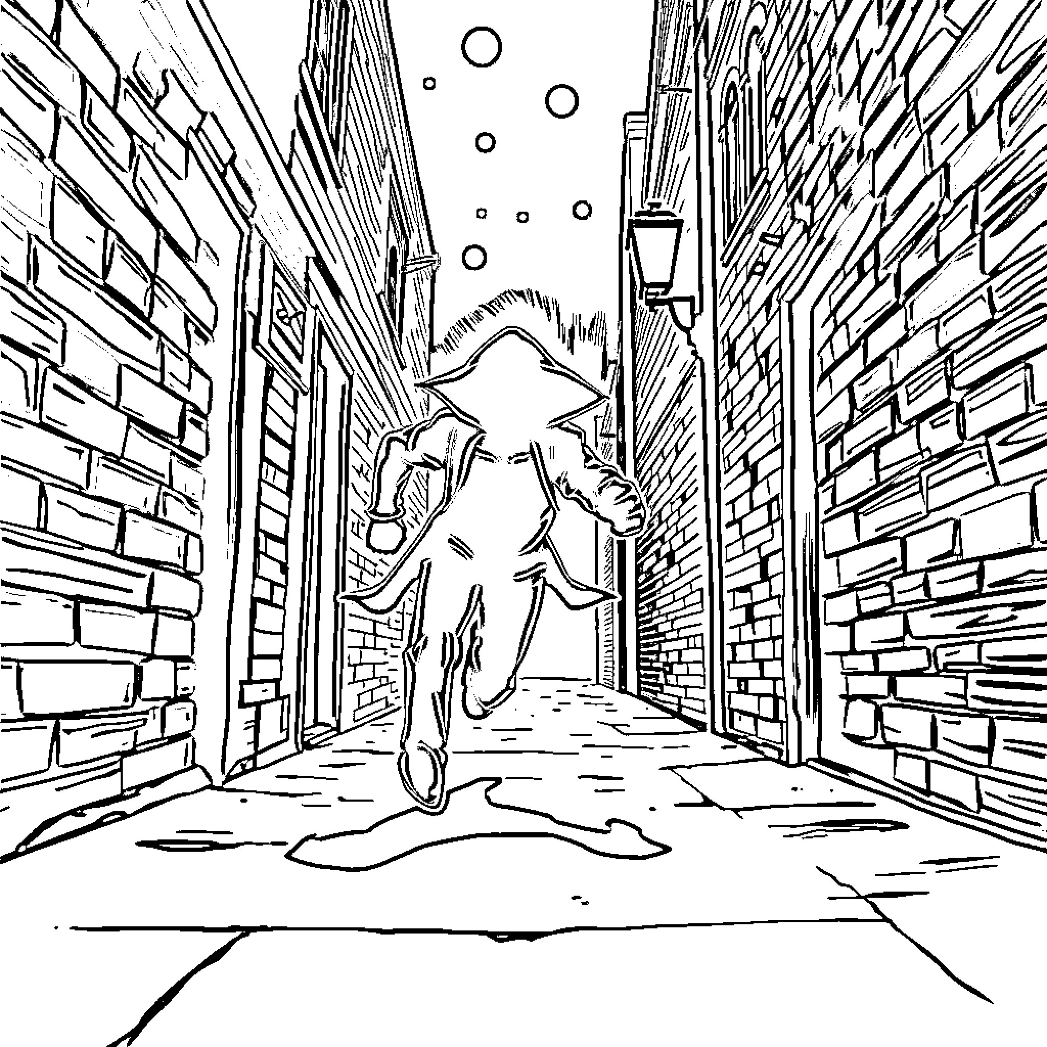Shadow Figure Walking Through Alley Coloring Page (free black-and-white line drawing printable PDF for all, from beginners to advanced learners, including children, teens, adults, and seniors)