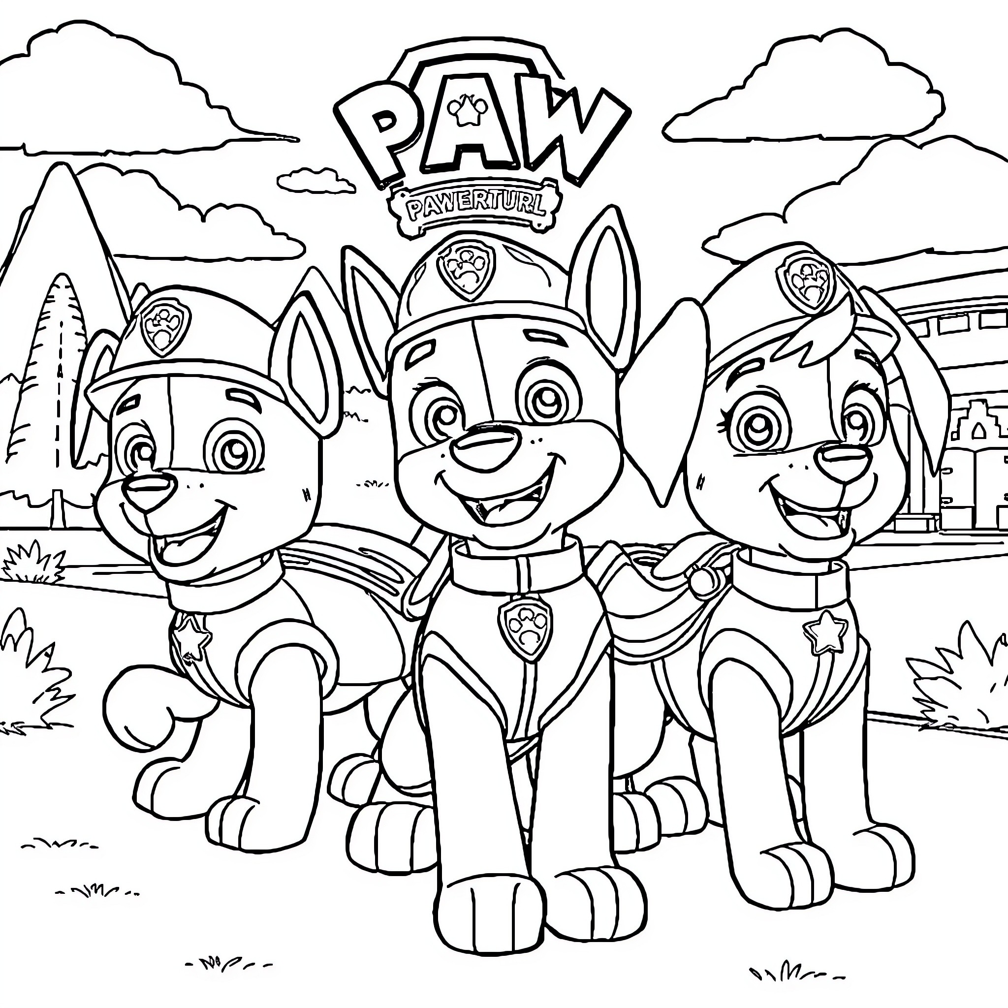 Paw Patrol Team Posing Happily Outdoors Coloring Page (free black-and-white line drawing printable PDF for all, from beginners to advanced learners, including children, teens, adults, and seniors)