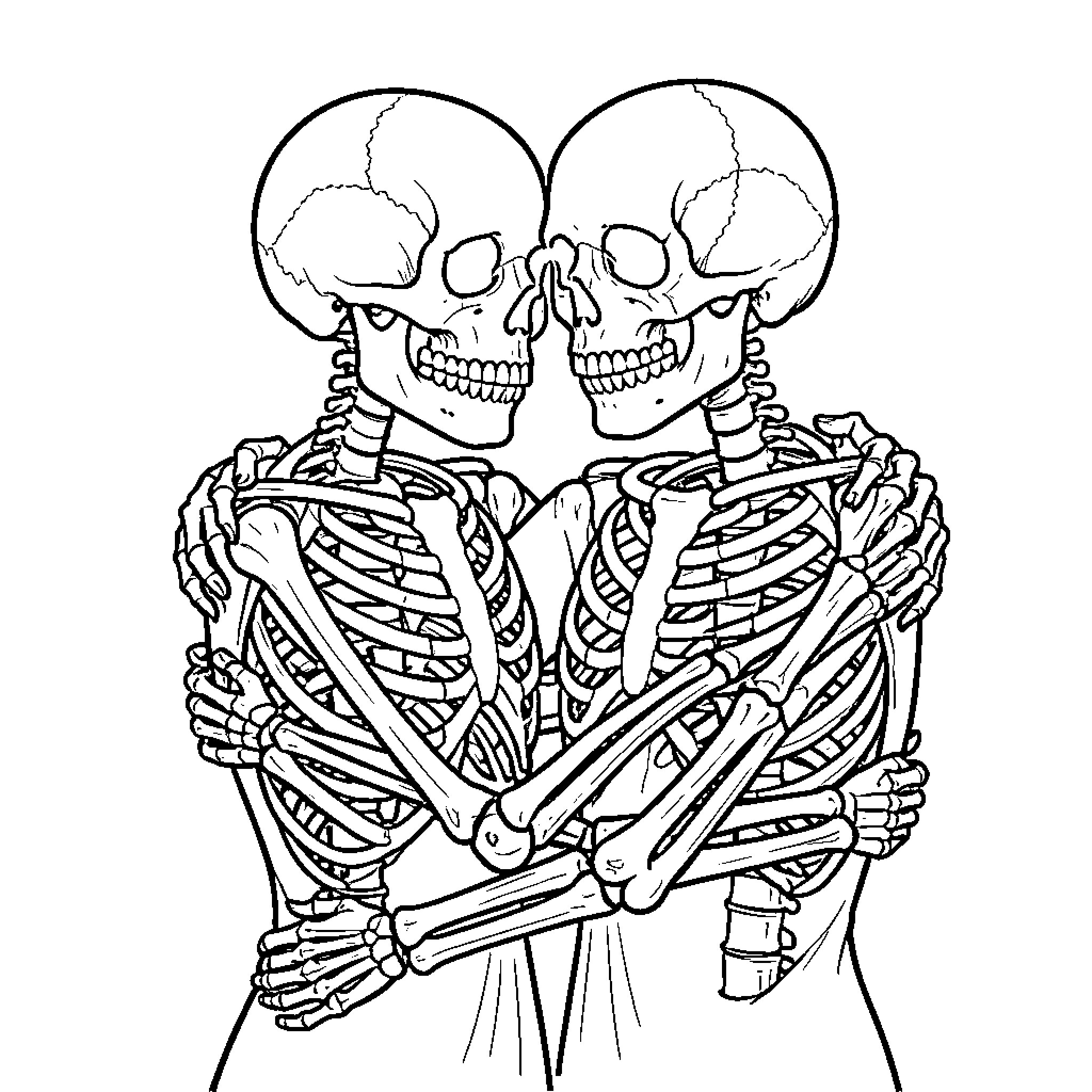 Skeleton duo embracing each other Coloring Page (free black-and-white line drawing printable PDF for all, from beginners to advanced learners, including children, teens, adults, and seniors)