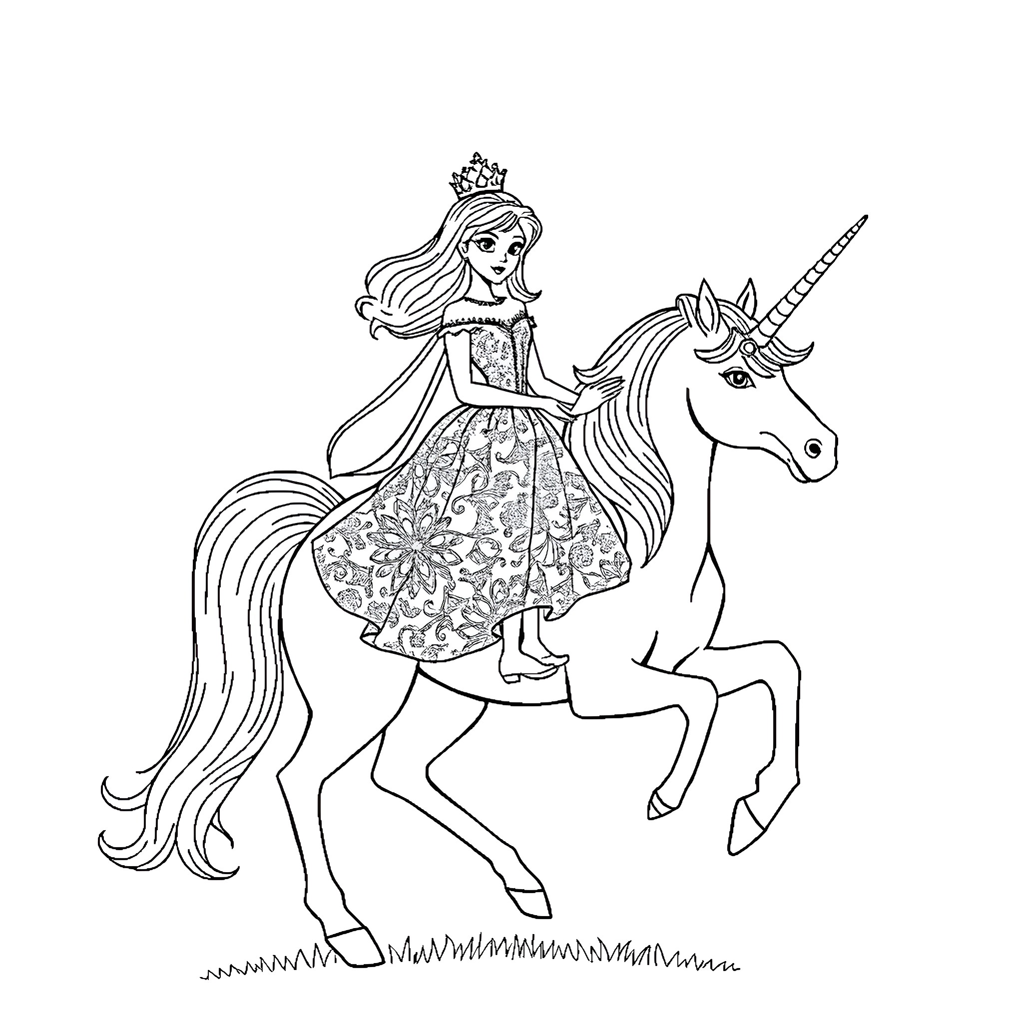 Princess Riding a Magical Unicorn Coloring Page (free black-and-white line drawing printable PDF for all, from beginners to advanced learners, including children, teens, adults, and seniors)