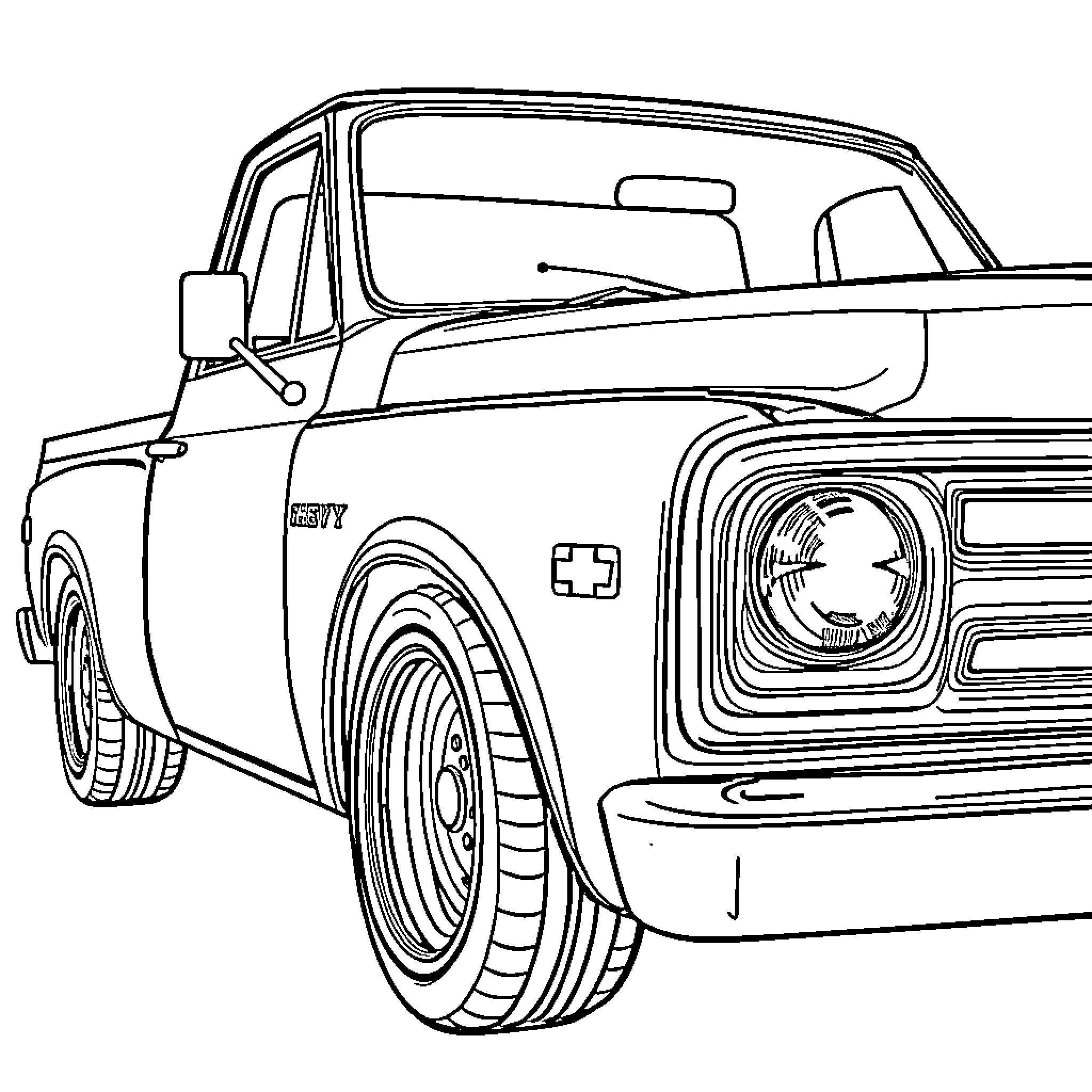 Chevy truck with distinctive design Coloring Page (free black-and-white line drawing printable PDF for all, from beginners to advanced learners, including children, teens, adults, and seniors)