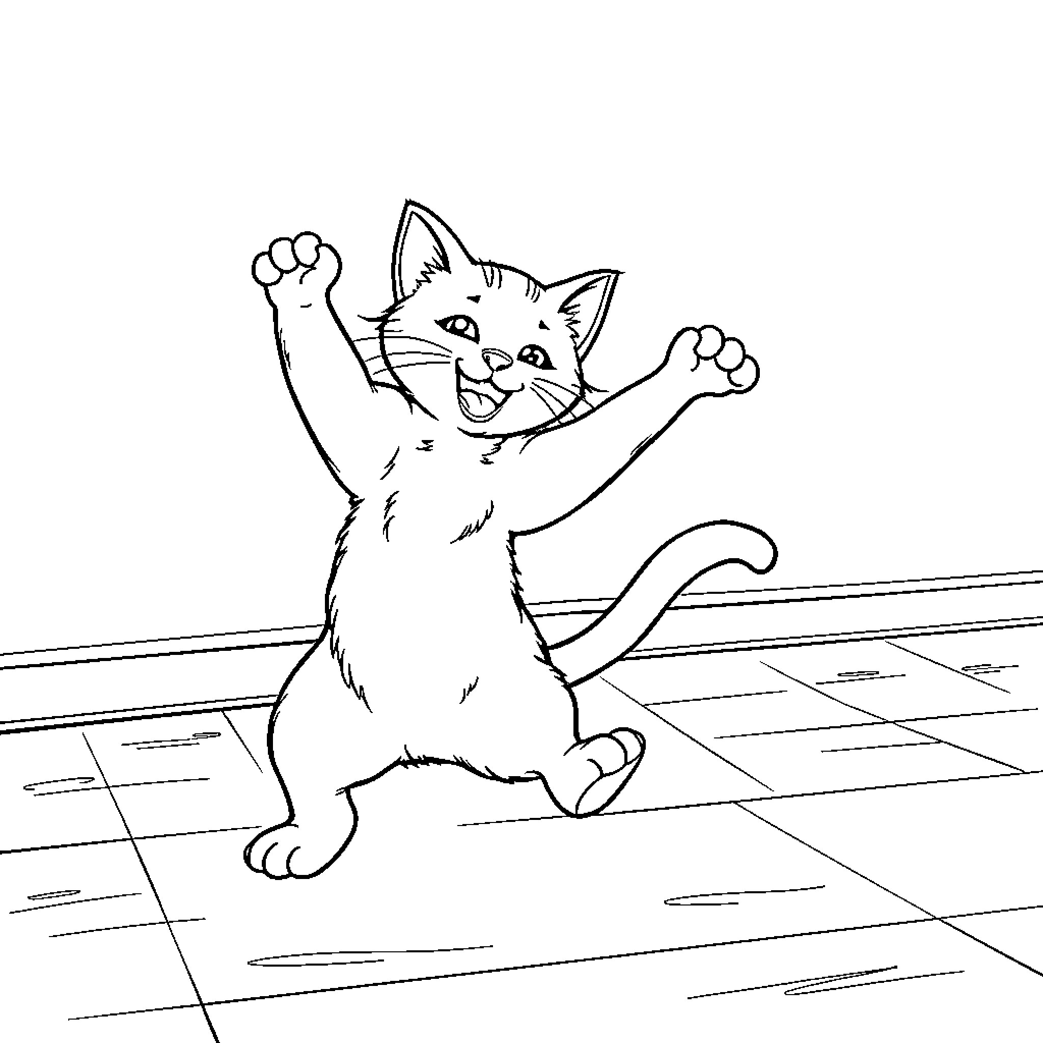 Cat playfully stretching on the floor Coloring Page (free black-and-white line drawing printable PDF for all, from beginners to advanced learners, including children, teens, adults, and seniors)