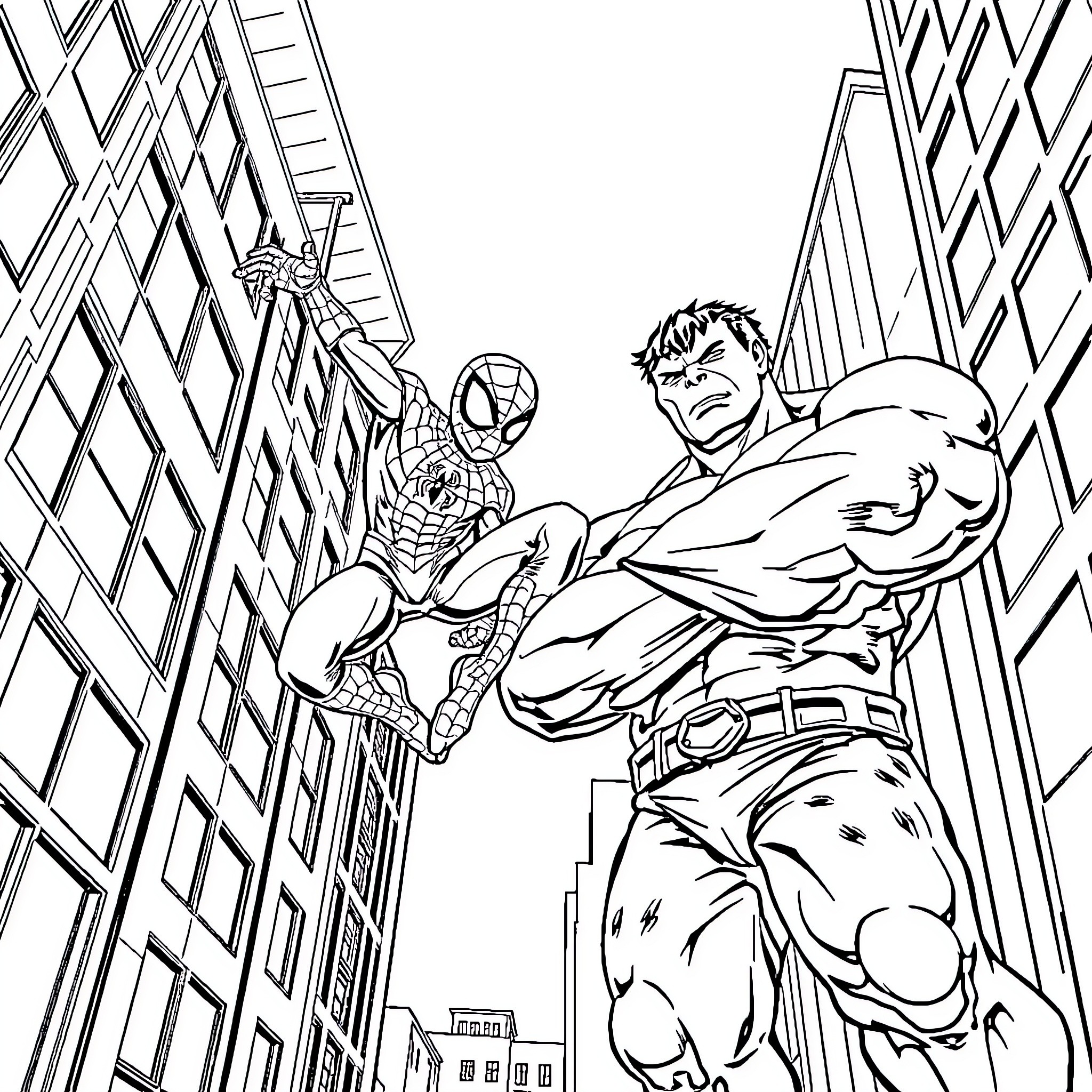 Spiderman and Hulk Fighting in the City Coloring Page (free black-and-white line drawing printable PDF for all, from beginners to advanced learners, including children, teens, adults, and seniors)
