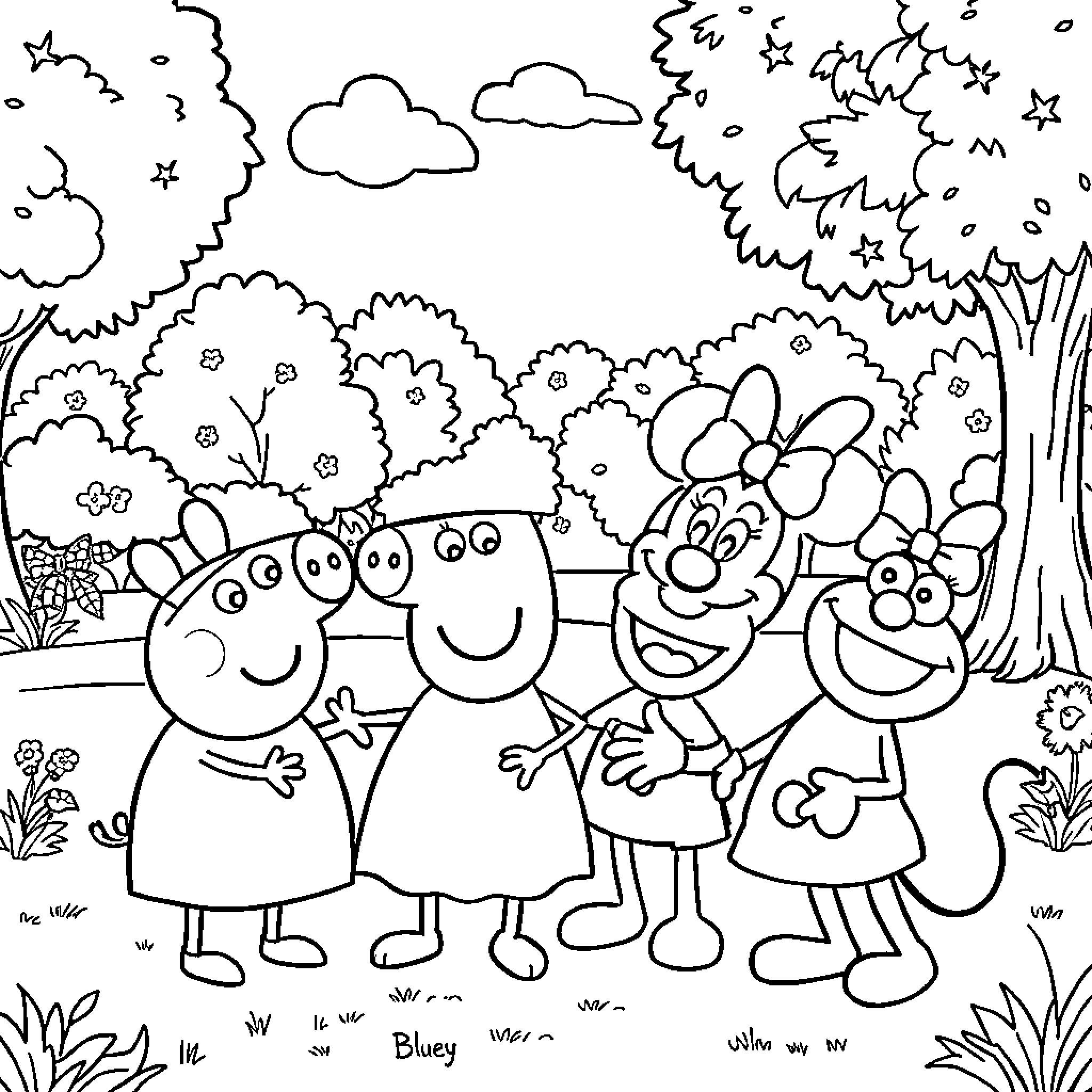 Character Family Enjoying Outdoor Nature Scene Coloring Page (free black-and-white line drawing printable PDF for all, from beginners to advanced learners, including children, teens, adults, and seniors)