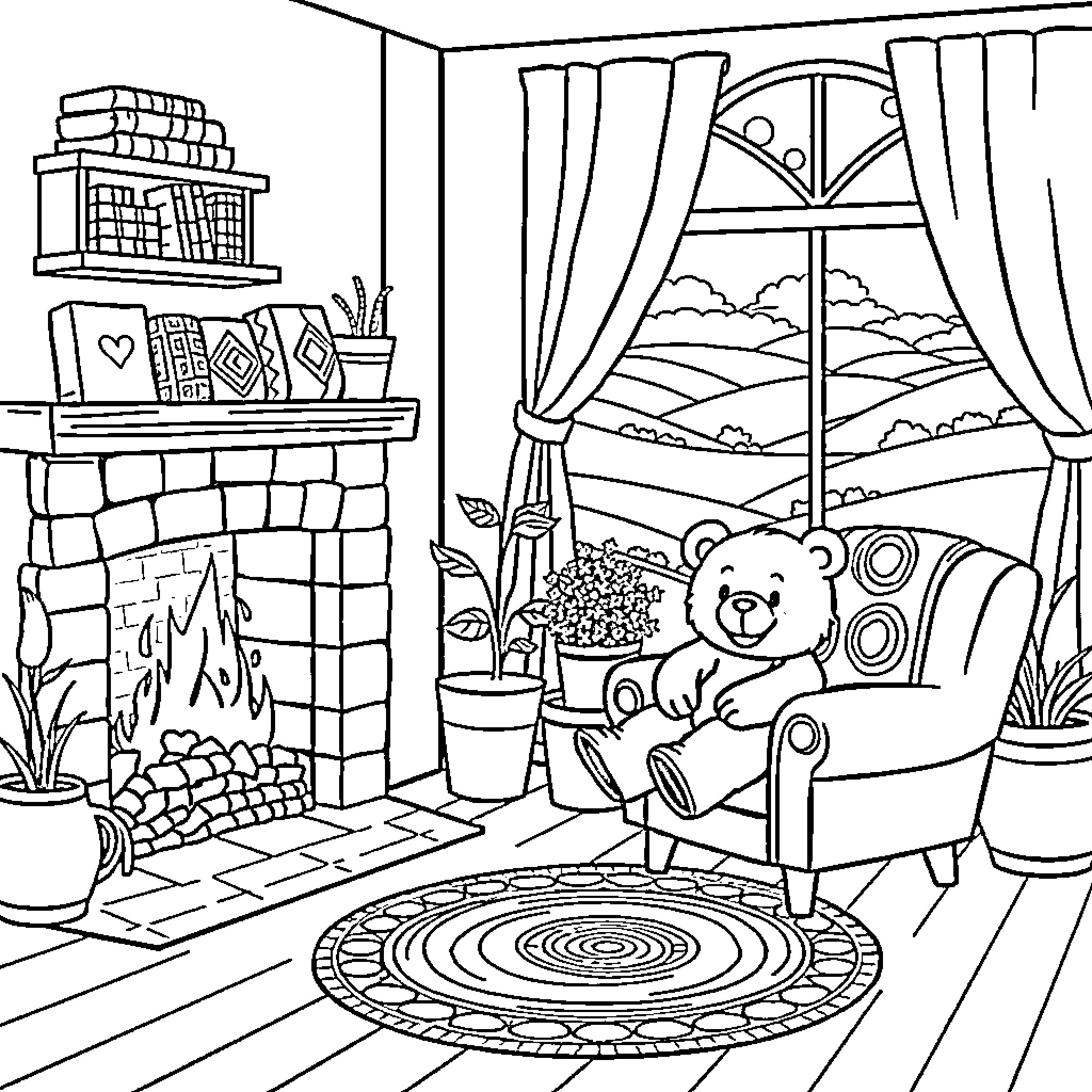 Bear relaxing in cozy living room with fireplace Coloring Page (free black-and-white line drawing printable PDF for all, from beginners to advanced learners, including children, teens, adults, and seniors)