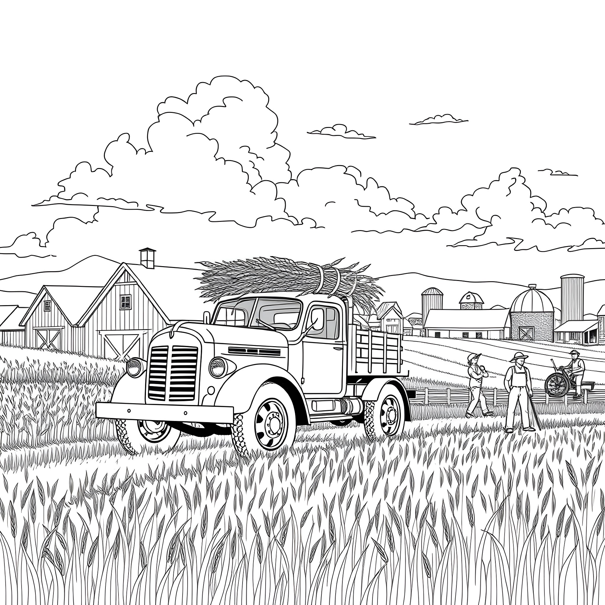 Pickup truck transporting harvest in rural farm landscape Coloring Page (free black-and-white line drawing printable PDF for all, from beginners to advanced learners, including children, teens, adults, and seniors)