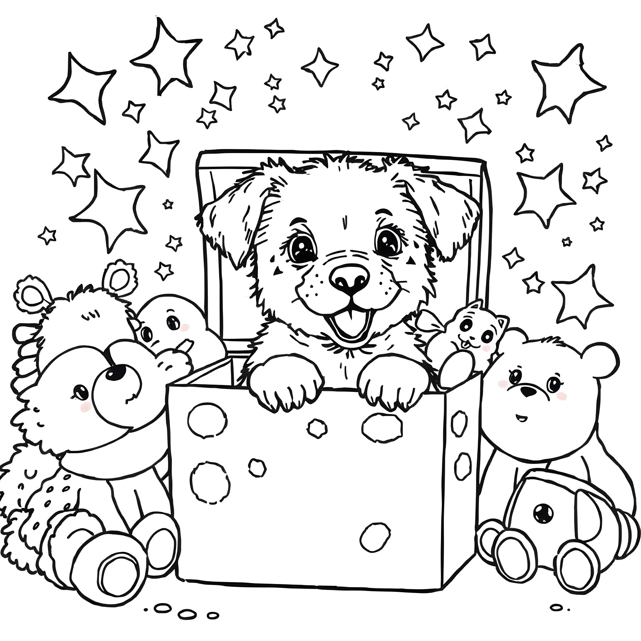 Puppy playing with cute toys in a box Coloring Page (free black-and-white line drawing printable PDF for all, from beginners to advanced learners, including children, teens, adults, and seniors)