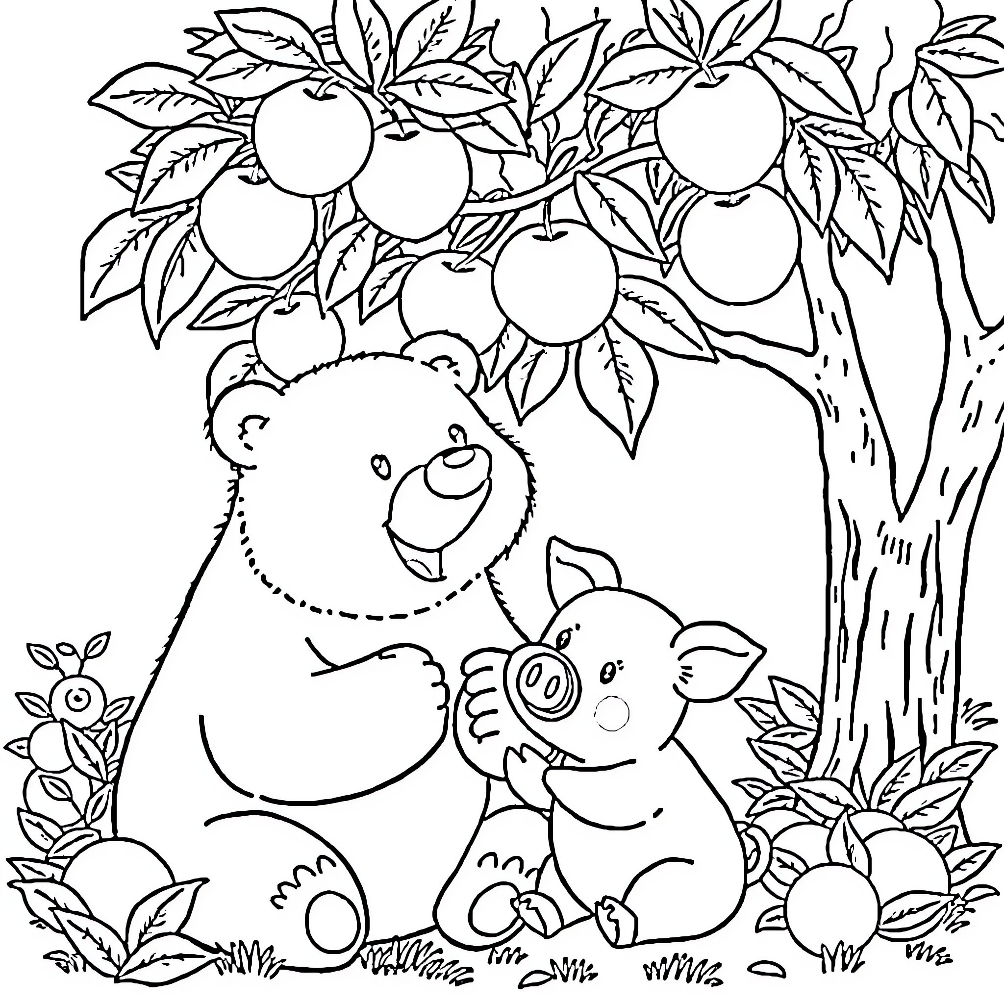 Bear and Pig Exploring Orchard Coloring Page (free black-and-white line drawing printable PDF for all, from beginners to advanced learners, including children, teens, adults, and seniors)