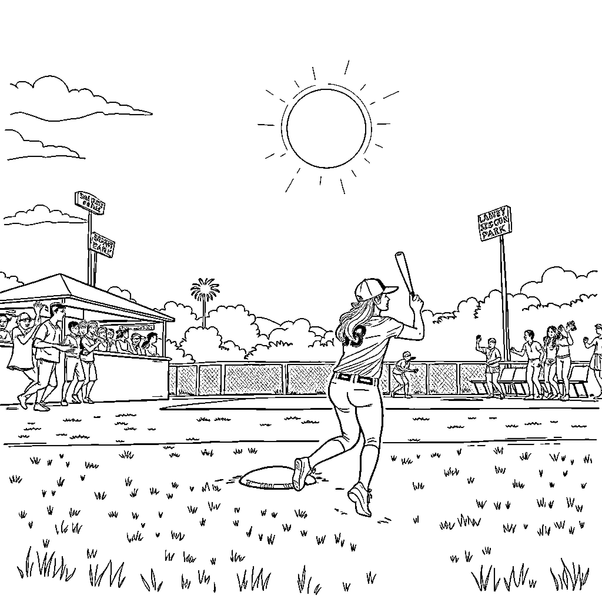 Laney Wilson enjoying outdoor recreation on a sunny day Coloring Page (free black-and-white line drawing printable PDF for all, from beginners to advanced learners, including children, teens, adults, and seniors)