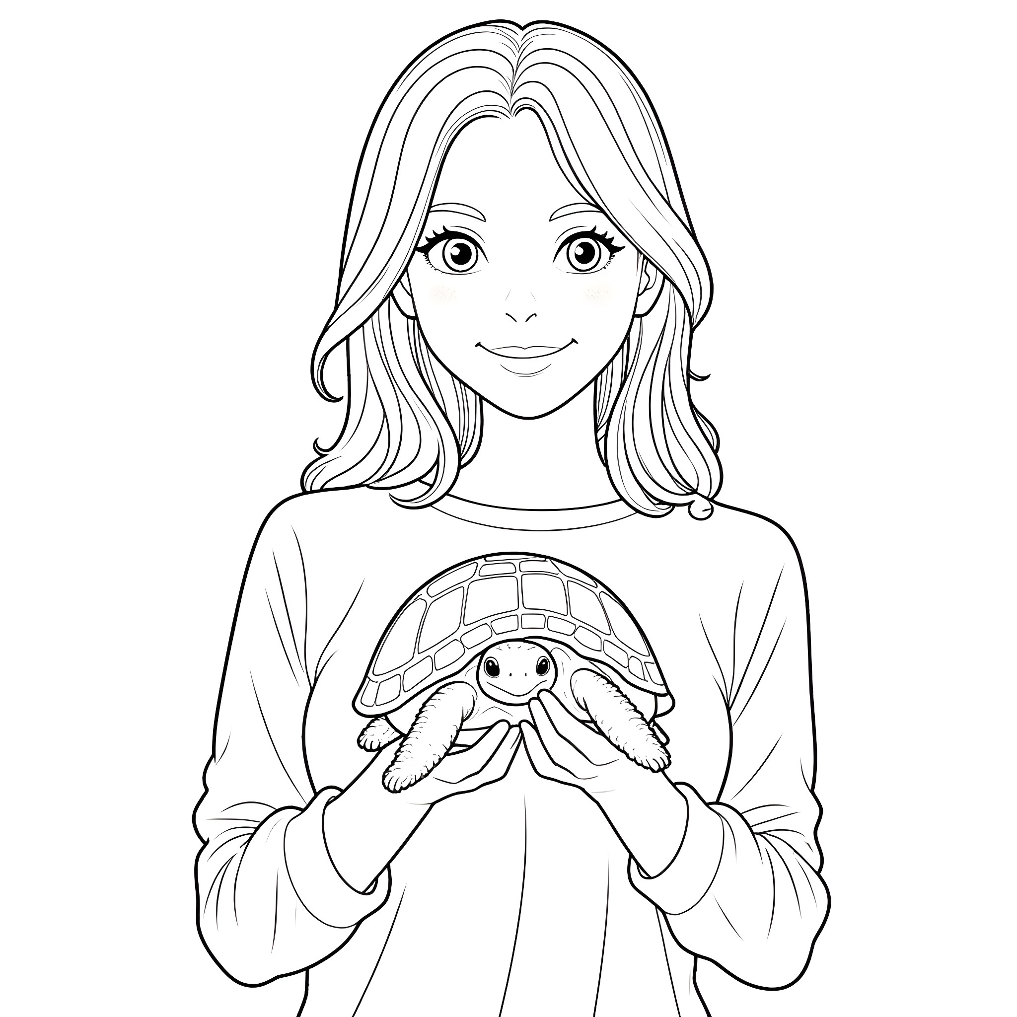 Tortoise held with care by young girl Coloring Page (free black-and-white line drawing printable PDF for all, from beginners to advanced learners, including children, teens, adults, and seniors)