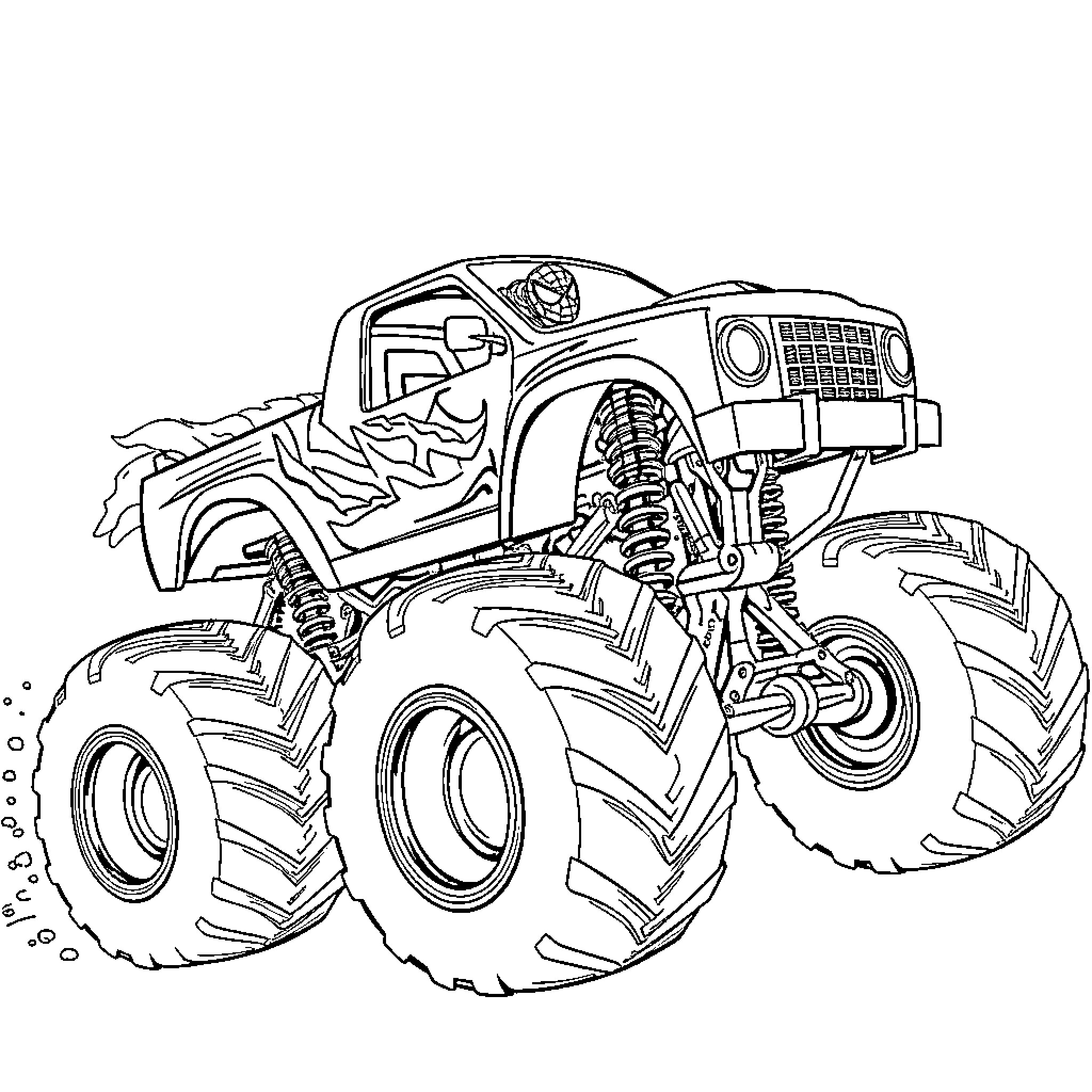Spider-Man's Monster Truck Adventure Coloring Page (free black-and-white line drawing printable PDF for all, from beginners to advanced learners, including children, teens, adults, and seniors)