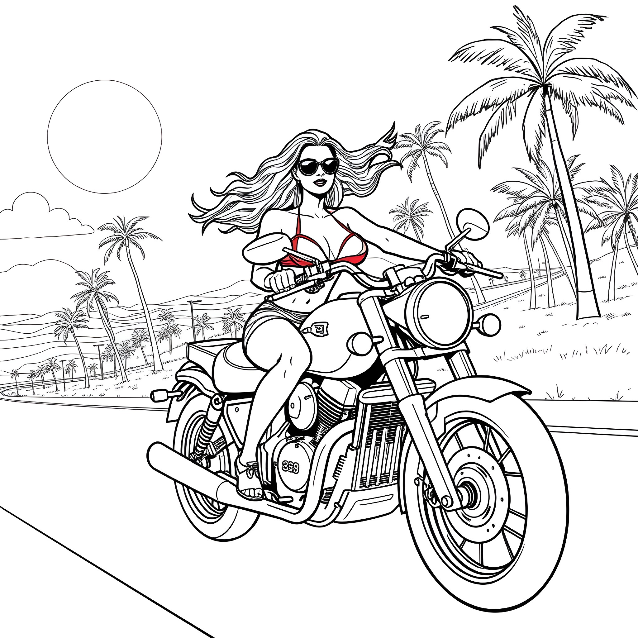 Girl riding motorcycle on tropical beach Coloring Page (free black-and-white line drawing printable PDF for all, from beginners to advanced learners, including children, teens, adults, and seniors)