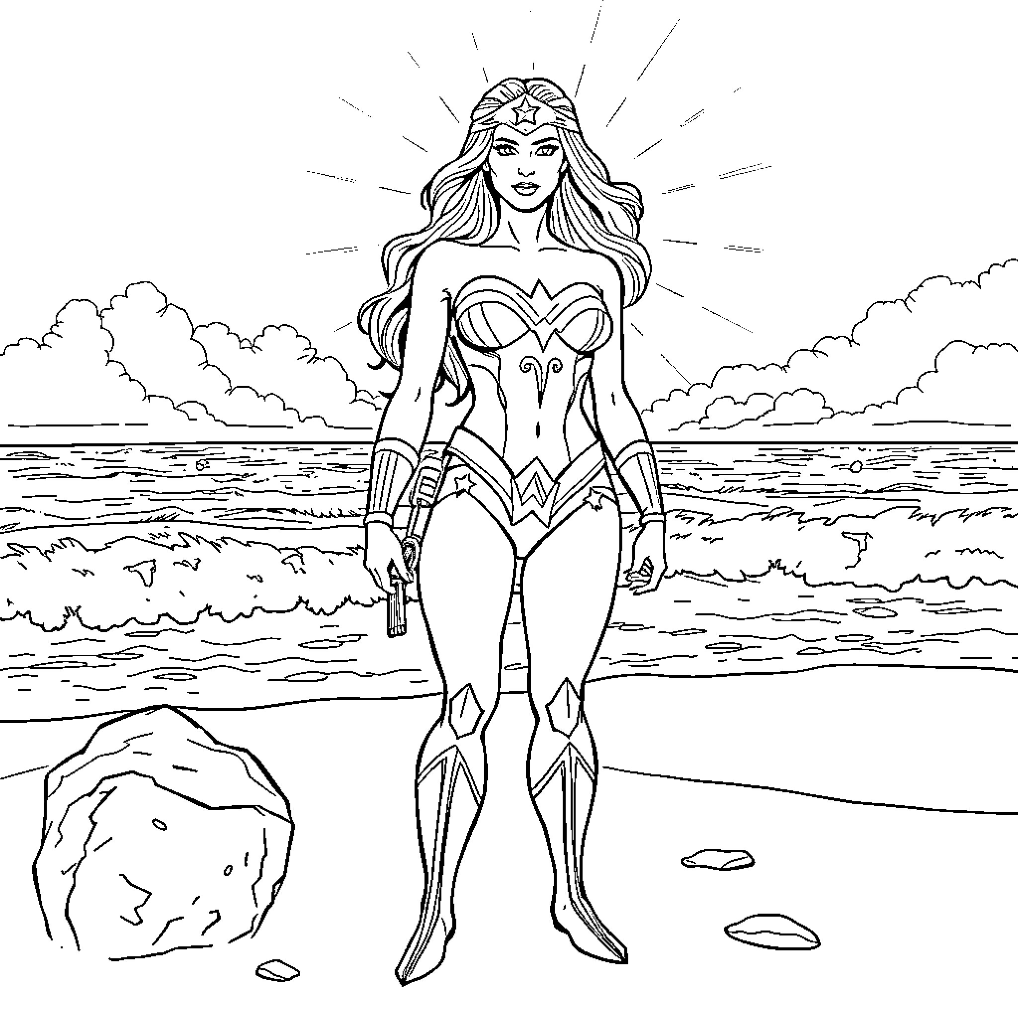 Wonder Woman in heroic stance on the beach Coloring Page (free black-and-white line drawing printable PDF for all, from beginners to advanced learners, including children, teens, adults, and seniors)