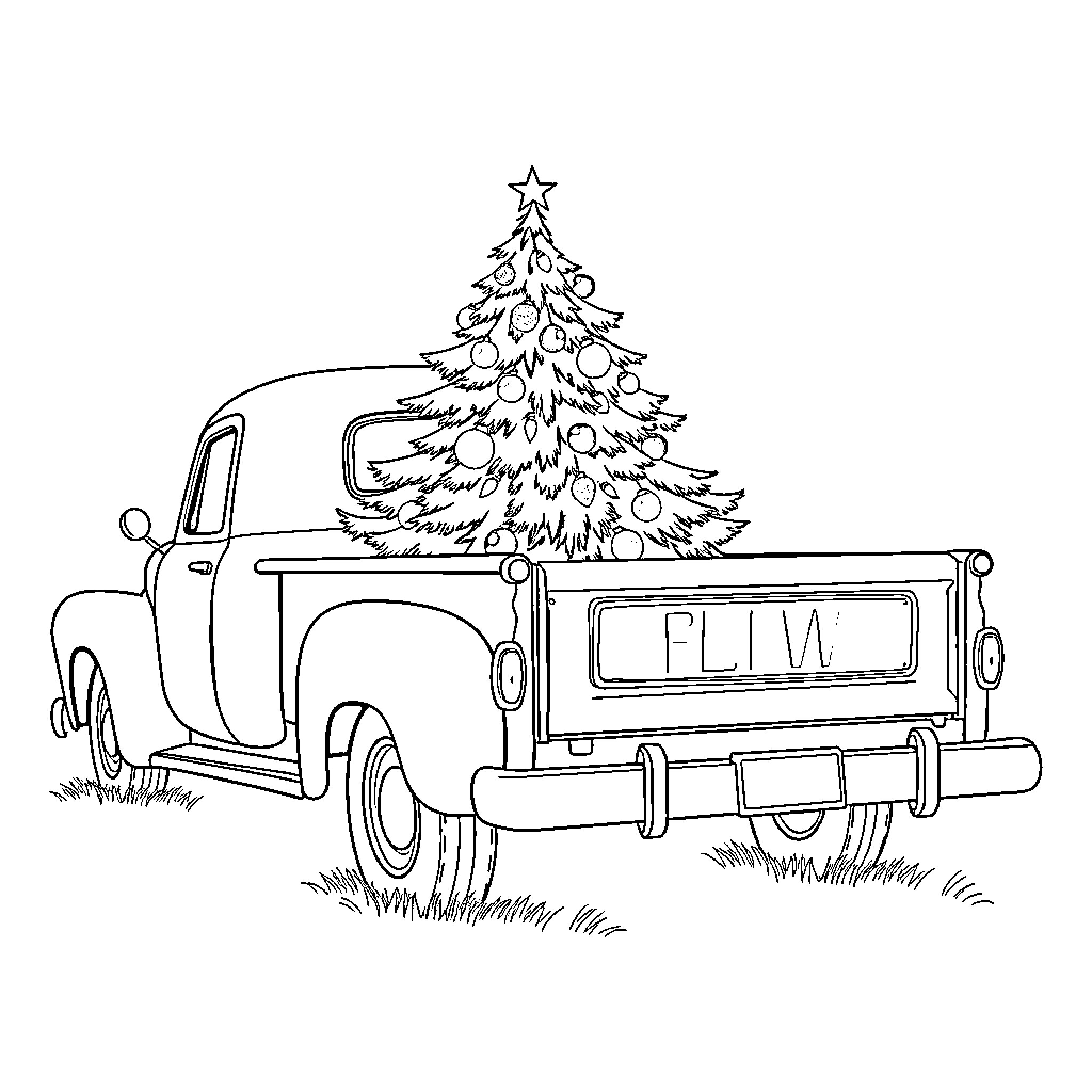 Pickup Truck Transporting Christmas Tree Coloring Page (free black-and-white line drawing printable PDF for all, from beginners to advanced learners, including children, teens, adults, and seniors)