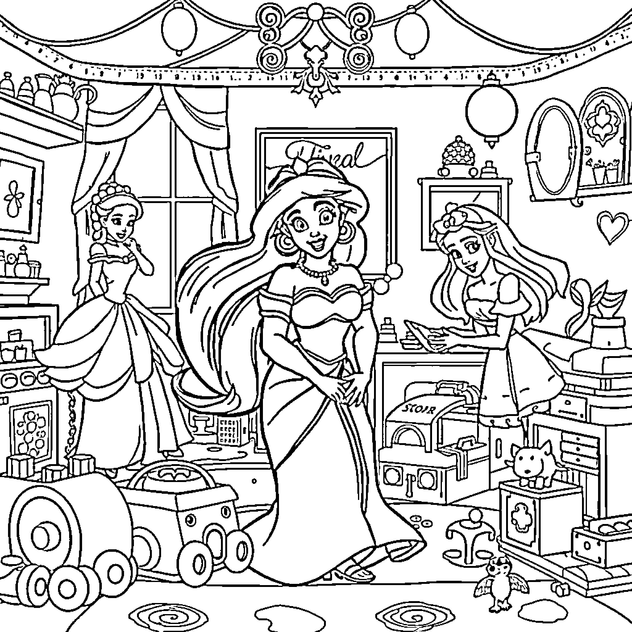 Jasmine's Magical Room Exploration Coloring Page (free black-and-white line drawing printable PDF for all, from beginners to advanced learners, including children, teens, adults, and seniors)