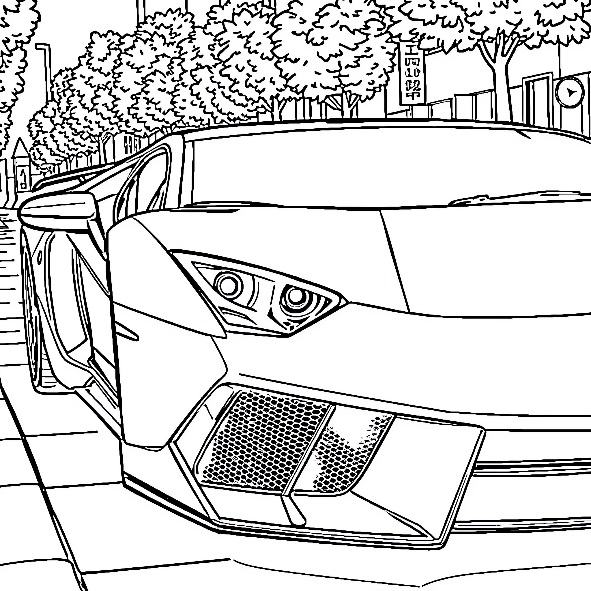 Lamborghini speeding down urban street Coloring Page (free black-and-white line drawing printable PDF for all, from beginners to advanced learners, including children, teens, adults, and seniors)