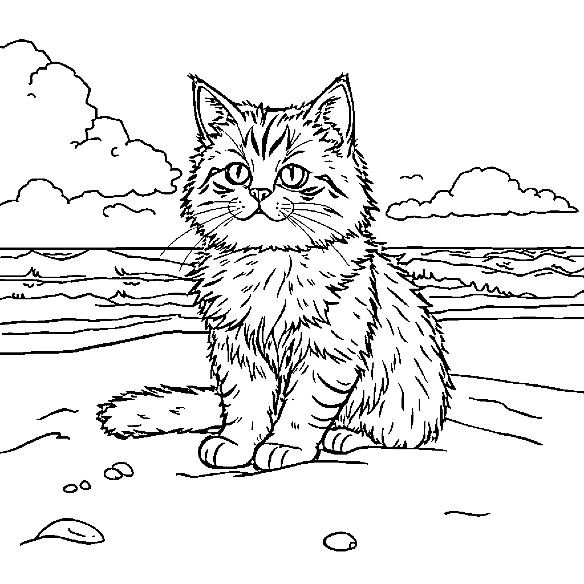 Cat gazing intently by the seashore Coloring Page (free black-and-white line drawing printable PDF for all, from beginners to advanced learners, including children, teens, adults, and seniors)