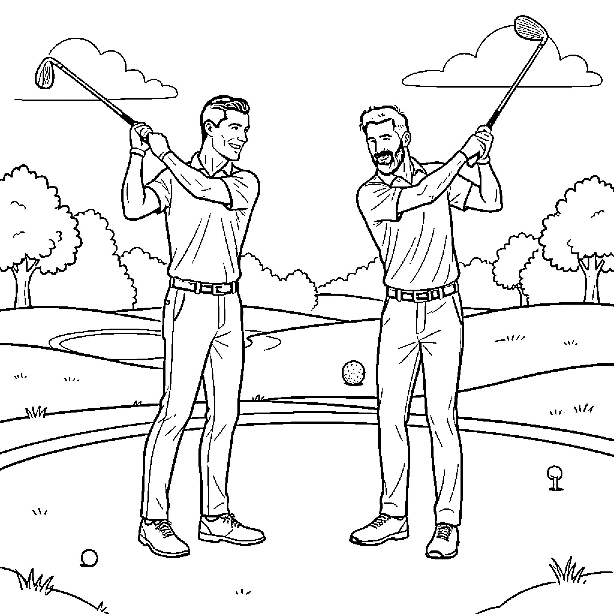Cristiano Ronaldo playing golf with a friend on a course Coloring Page (free black-and-white line drawing printable PDF for all, from beginners to advanced learners, including children, teens, adults, and seniors)