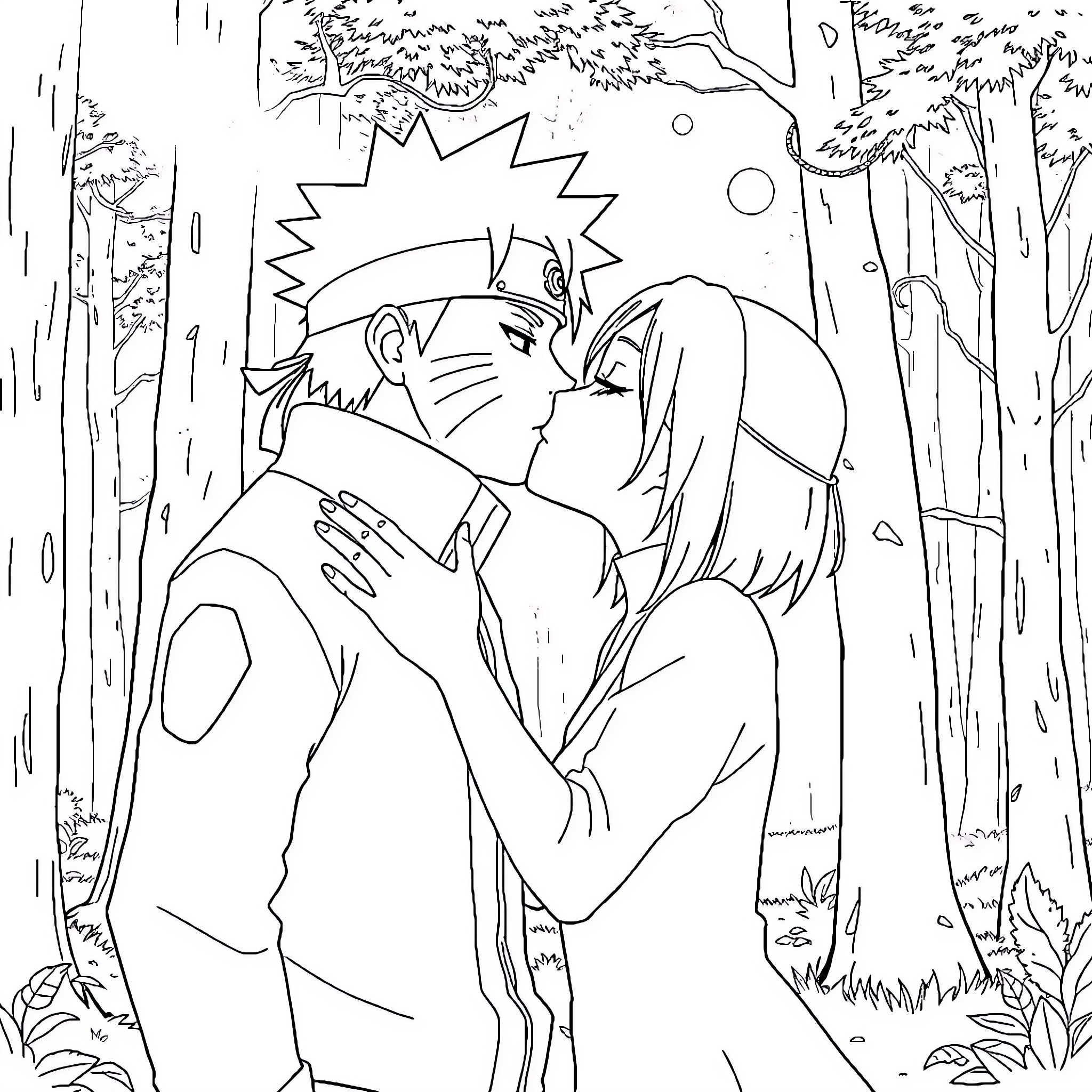 Hinata Hyuga's tender embrace in the forest Coloring Page (free black-and-white line drawing printable PDF for all, from beginners to advanced learners, including children, teens, adults, and seniors)