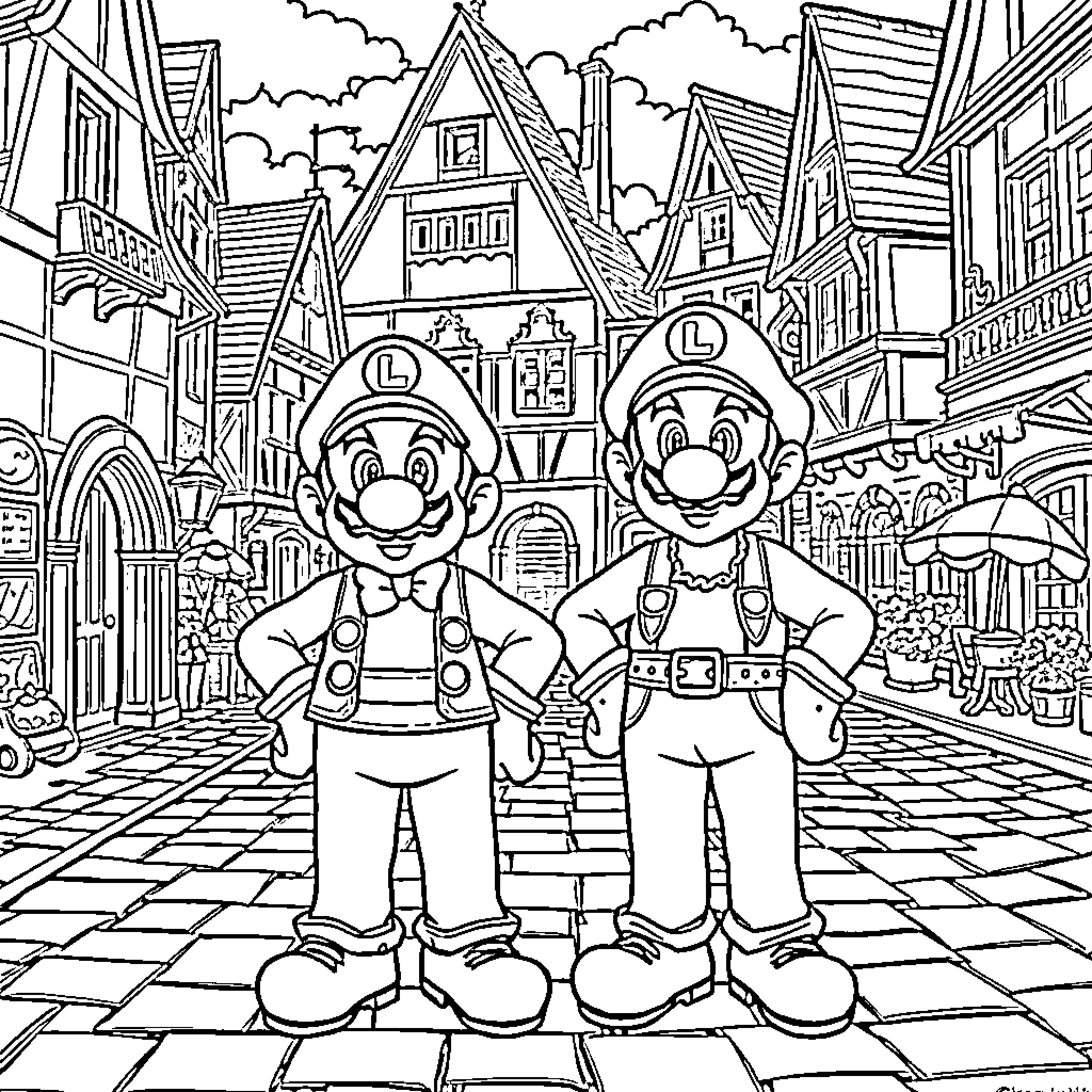 Mario and Luigi exploring a medieval town Coloring Page (free black-and-white line drawing printable PDF for all, from beginners to advanced learners, including children, teens, adults, and seniors)