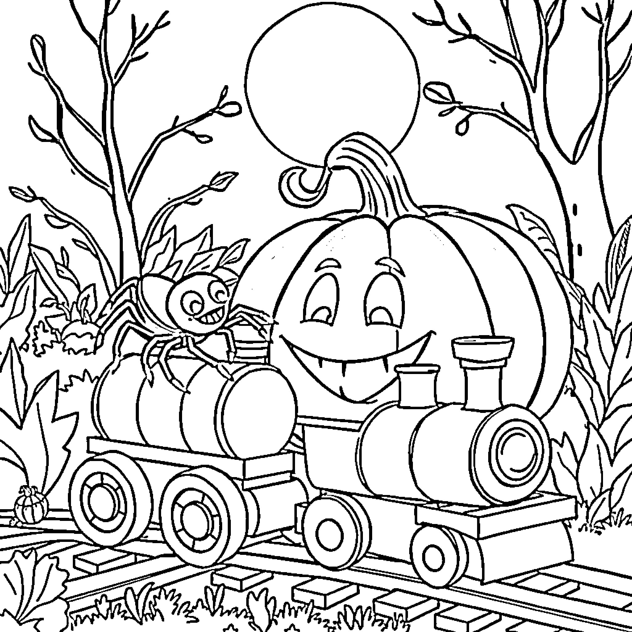 Pumpkin train carrying animals in a autumn scene Coloring Page (free black-and-white line drawing printable PDF for all, from beginners to advanced learners, including children, teens, adults, and seniors)