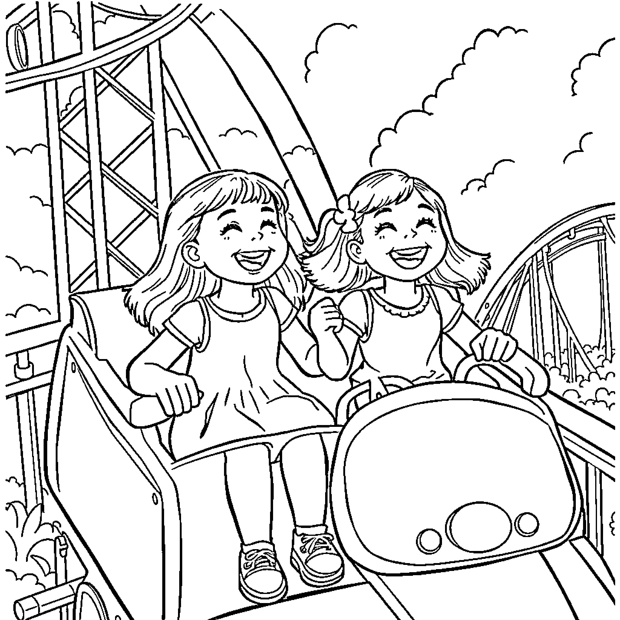 Girls enjoying a thrilling roller coaster ride Coloring Page (free black-and-white line drawing printable PDF for all, from beginners to advanced learners, including children, teens, adults, and seniors)