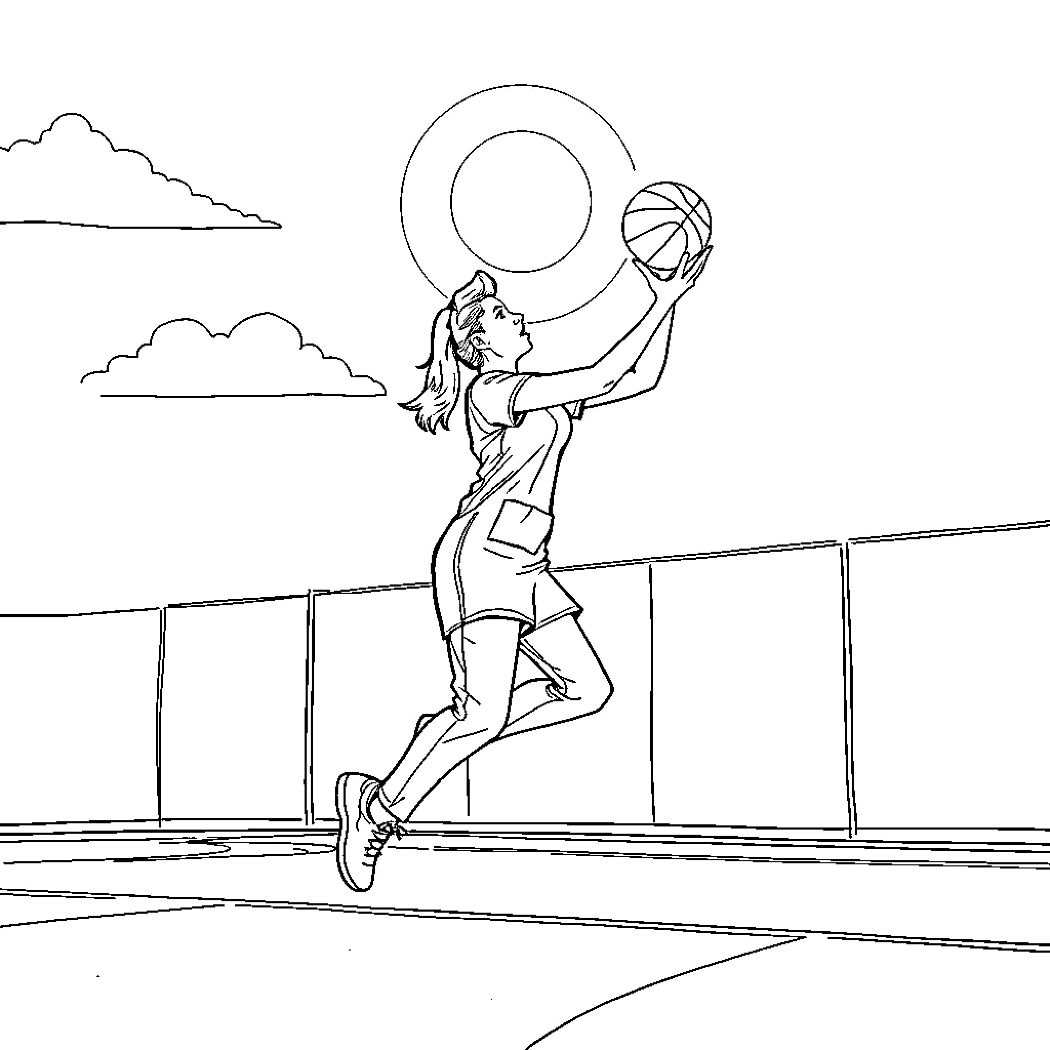 Nurse Jumping to Shoot Basketball Coloring Page (free black-and-white line drawing printable PDF for all, from beginners to advanced learners, including children, teens, adults, and seniors)