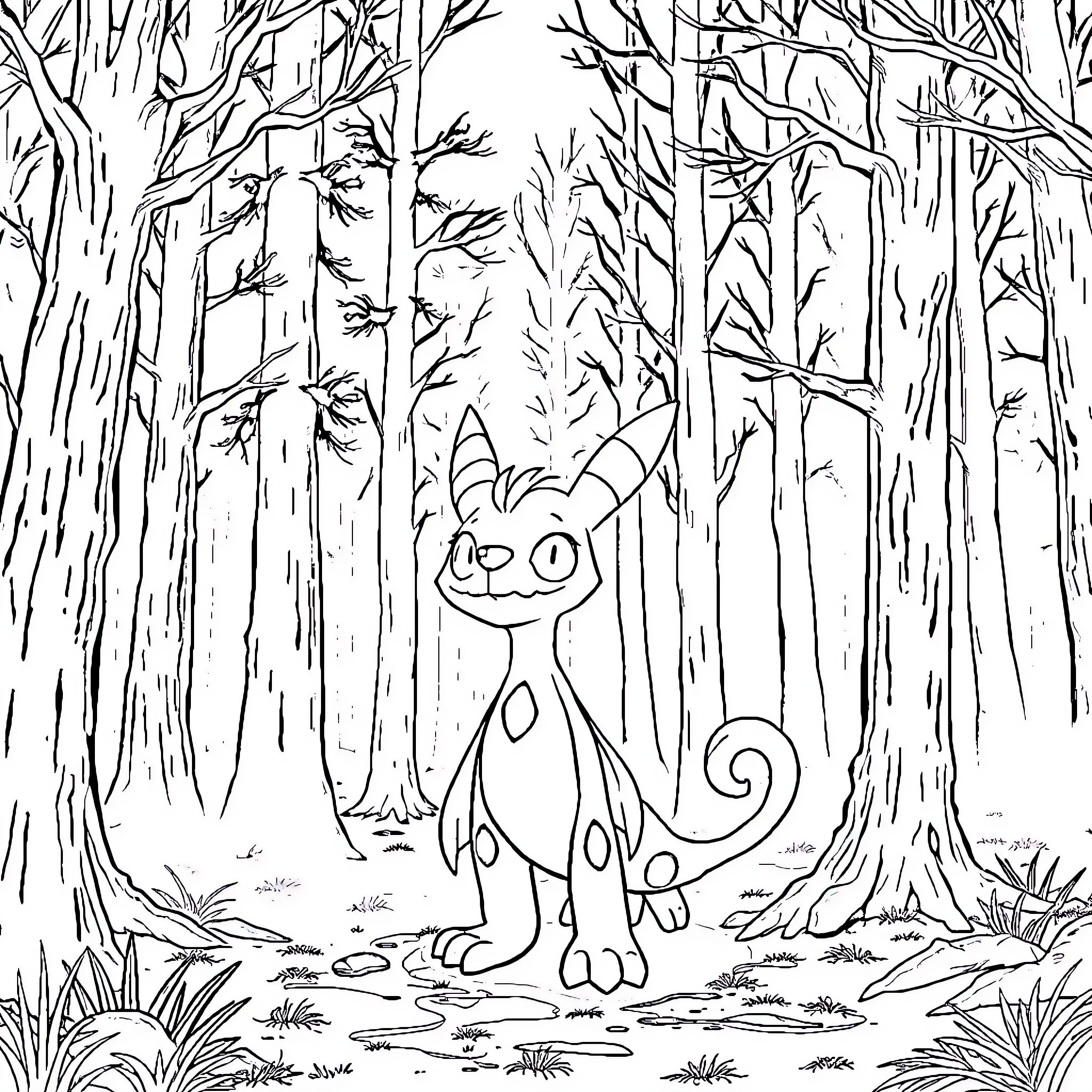 Wallykazam's Whimsical Forest Adventure Coloring Page (free black-and-white line drawing printable PDF for all, from beginners to advanced learners, including children, teens, adults, and seniors)
