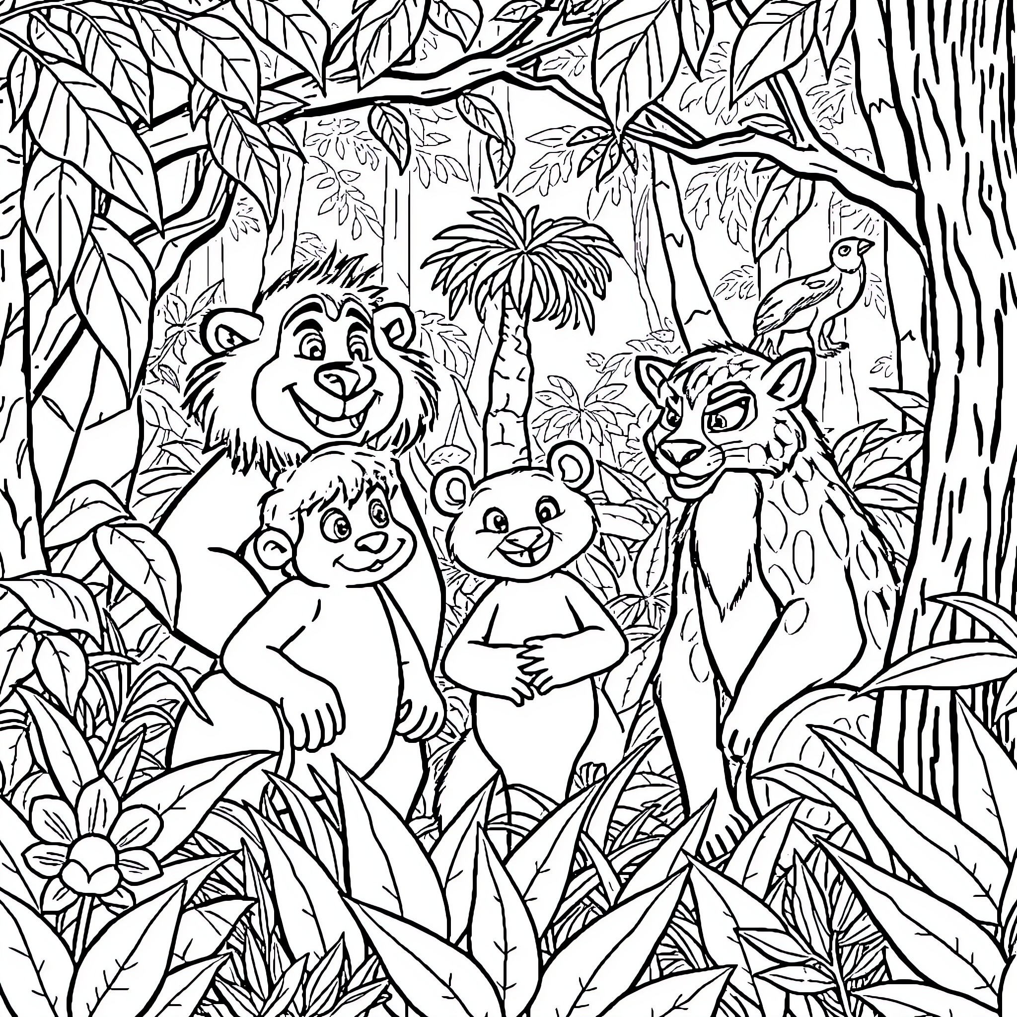 Jungle Book Characters Exploring the Lush Jungle Landscape Coloring Page (free black-and-white line drawing printable PDF for all, from beginners to advanced learners, including children, teens, adults, and seniors)