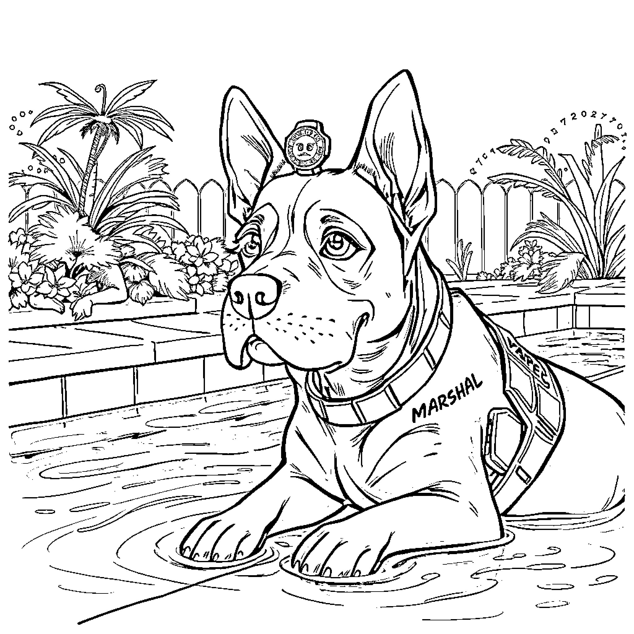 Marshall the Playful Pup in the Tropical Oasis Coloring Page (free black-and-white line drawing printable PDF for all, from beginners to advanced learners, including children, teens, adults, and seniors)