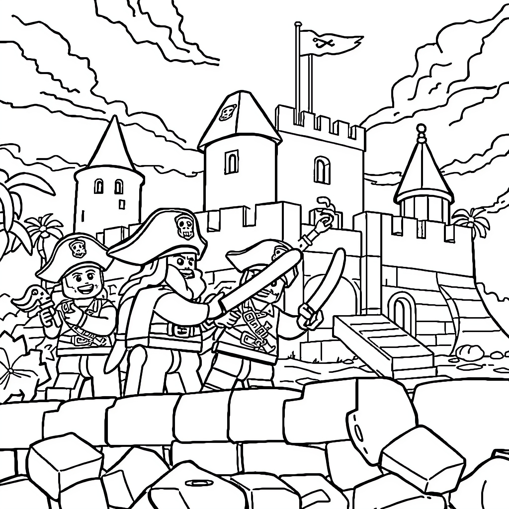 Lego Pirates Defending Their Castle Coloring Page (free black-and-white line drawing printable PDF for all, from beginners to advanced learners, including children, teens, adults, and seniors)